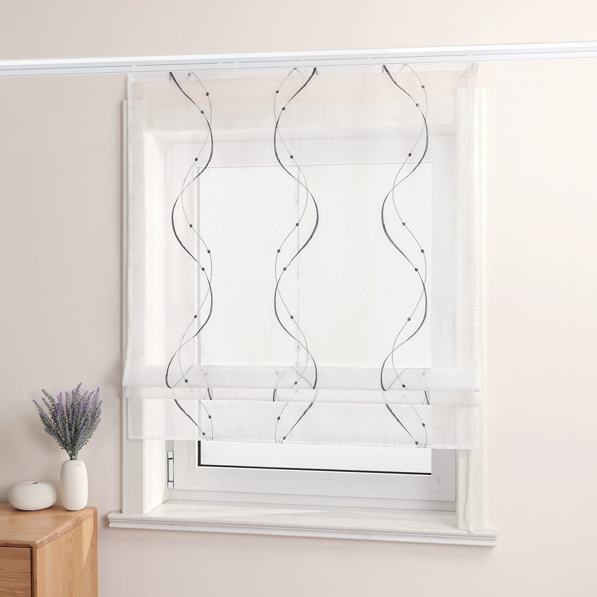 Joyswahl Raffrollo, mit Klettband, Küche Bändchenrollo Voile Weiß, Bestickt günstig online kaufen