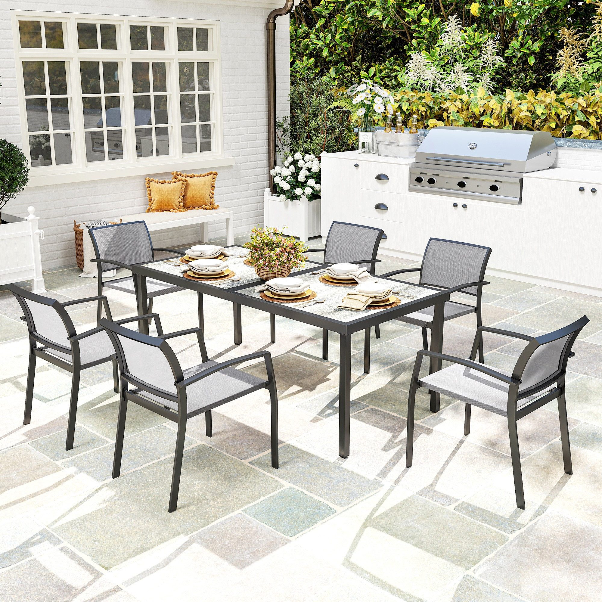 Garten-Essgruppe für 6 Personen, Esstisch mit 6 Stapelbare Stühle