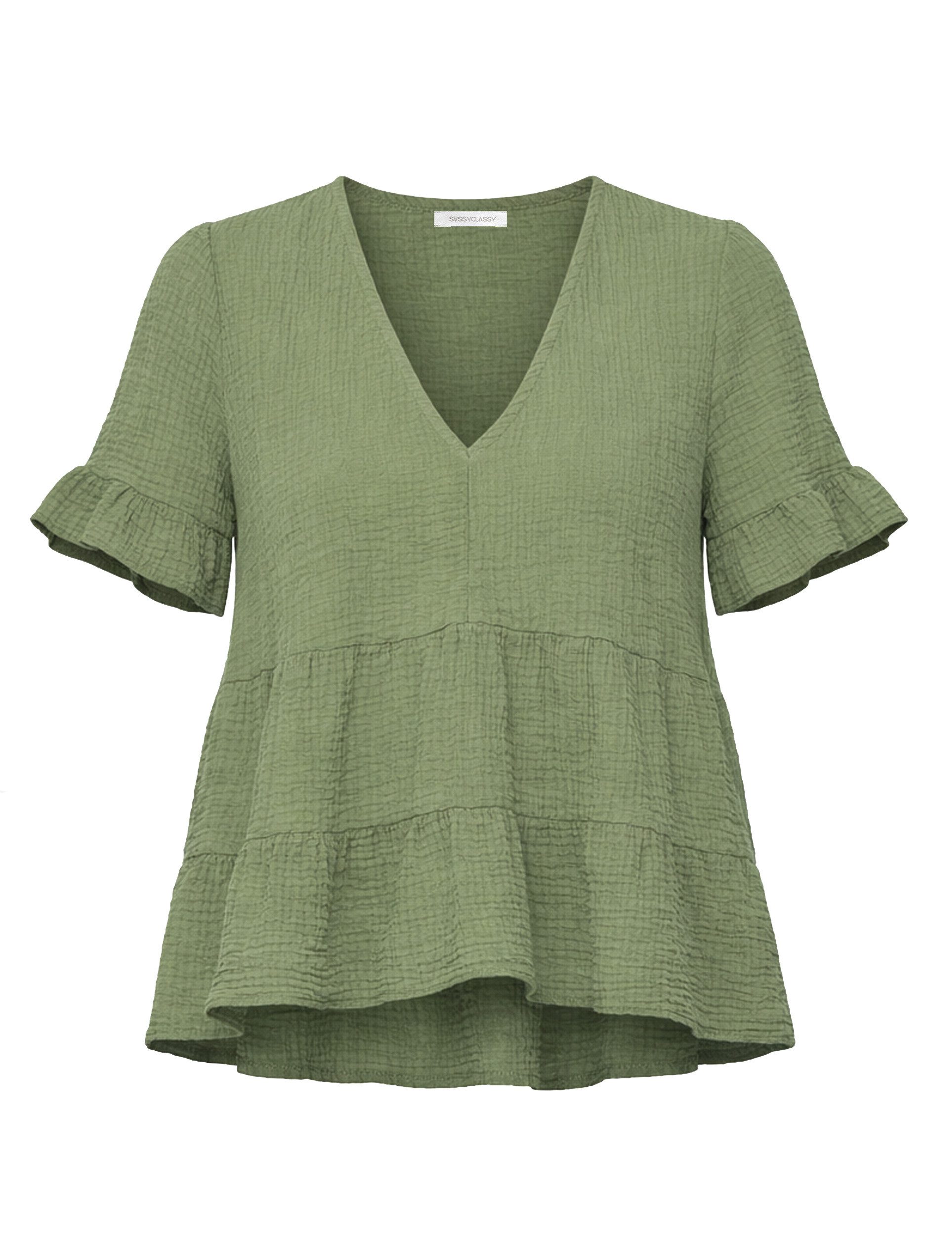 SASSYCLASSY Kurzarmshirt Musselin Shirt mit Volants für Damen Leichtes Baumwolltop mit tiefem V-Ausschnitt im oversized Fit