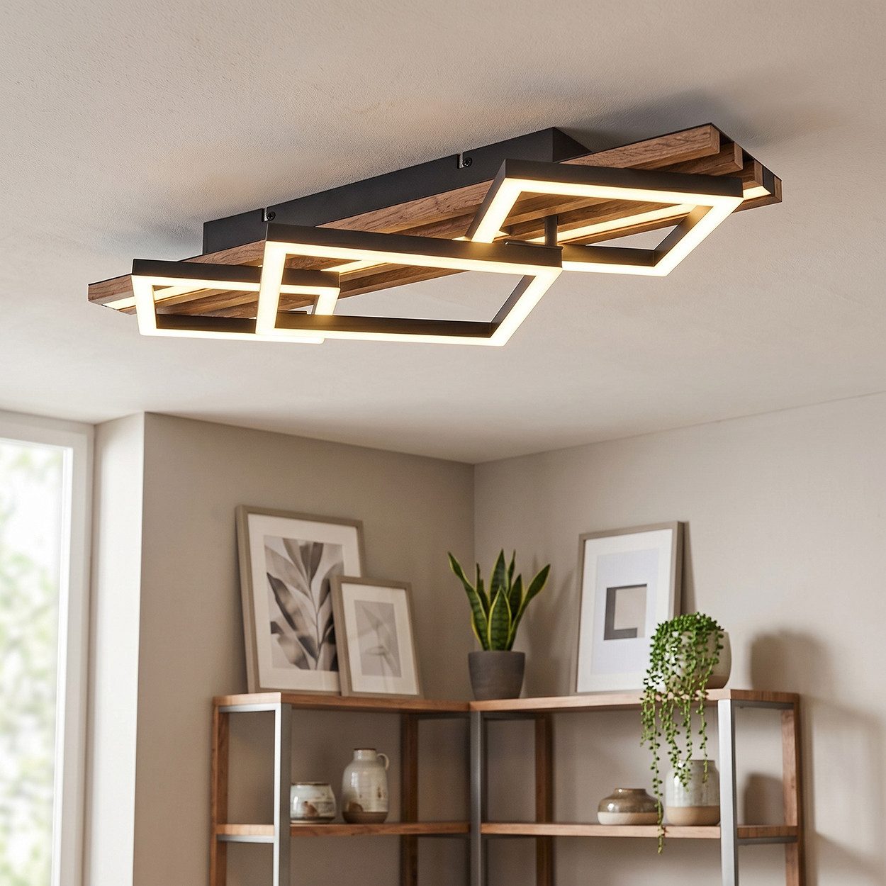 hofstein Deckenleuchte Deckenlampe aus Metall/MDF/Kunststoff, ohne Leuchtmittel, moderne Deckenleuchte in Schwarz/Holzoptik/Braun/Weiß – Bild 2 von 5