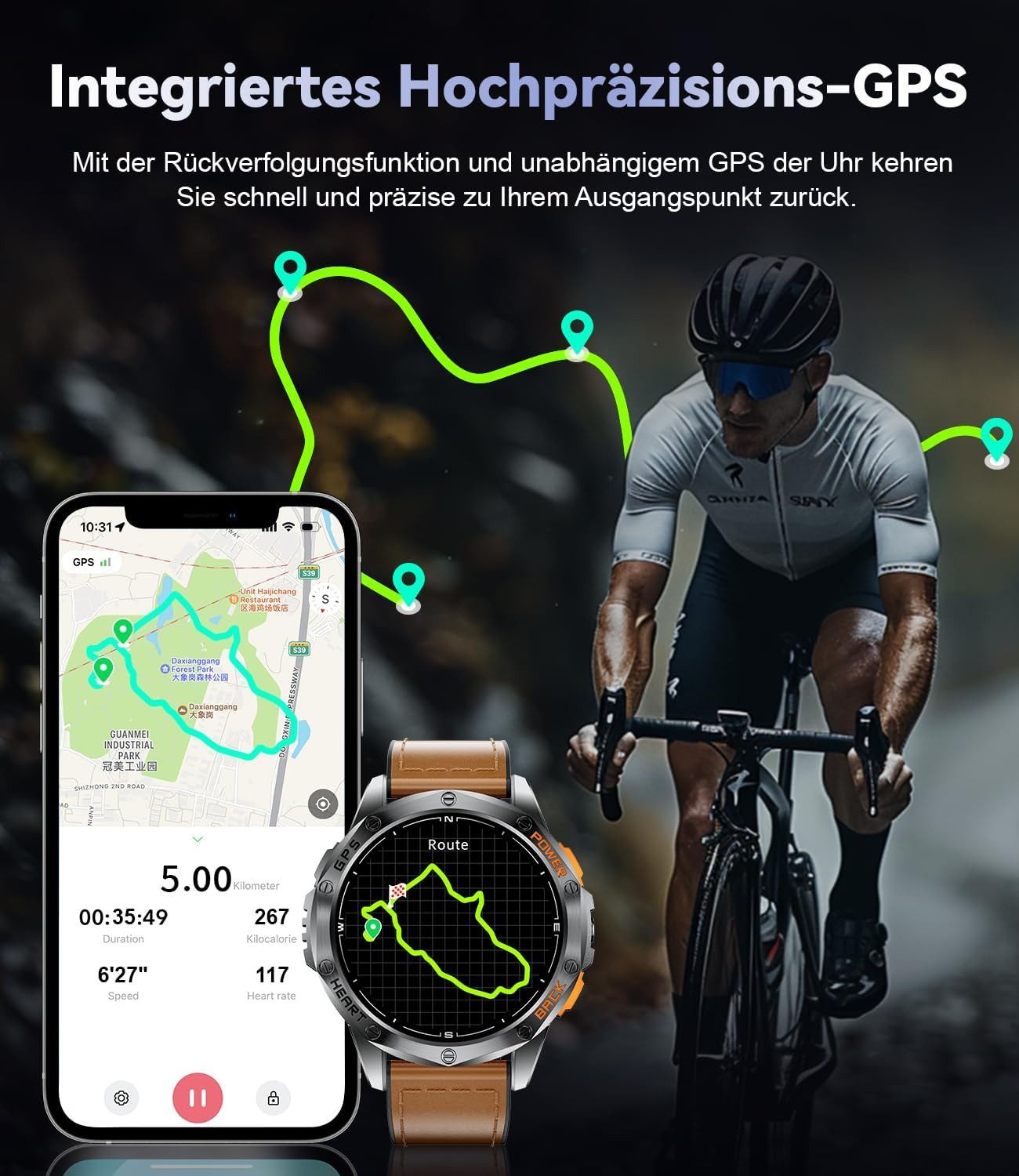 Lige GPS Militär Uhr mit Telefonfunktion, Kompass und starkem Akku Smartwatch (3.6 cm/1,43 Zoll, Android iOS), Robuste GPS Uhr mit Anrufannahme, Schlafüberwachung und 180 Modi