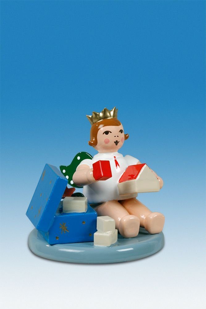 Engelfigur Holzfigur Engel 6cm Höhe mit Spielzeugkiste Krone sitzend ohne NEU