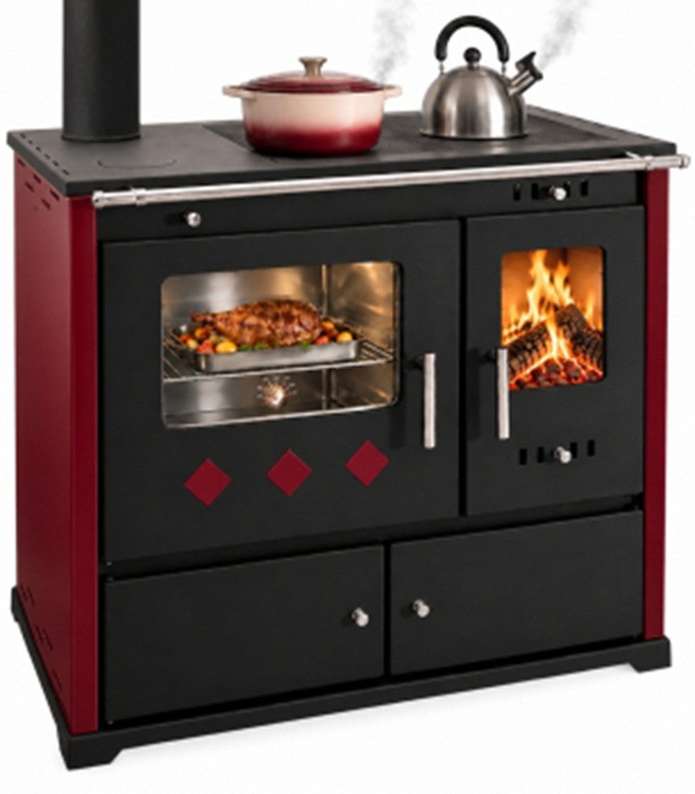 Prometey Festbrennstoffherd XL-Küchenofen PR LUX INOX bordeaux links mit Edelstahlbackfach, 9,4 kW