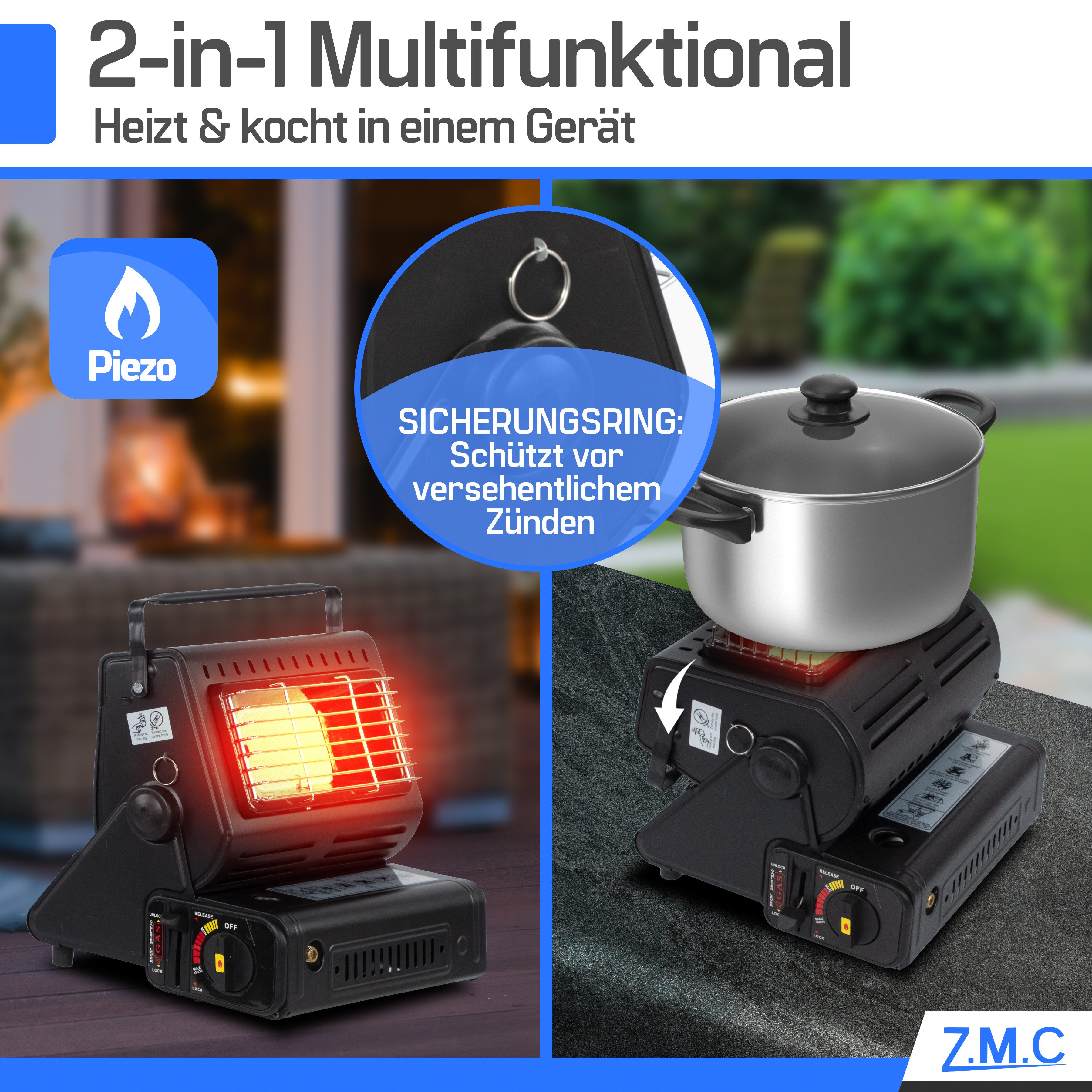 ZMC Heizstrahler 2-in-1 tragbare Gasheizung & Campingkocher 1,3 kW mit Gask günstig online kaufen