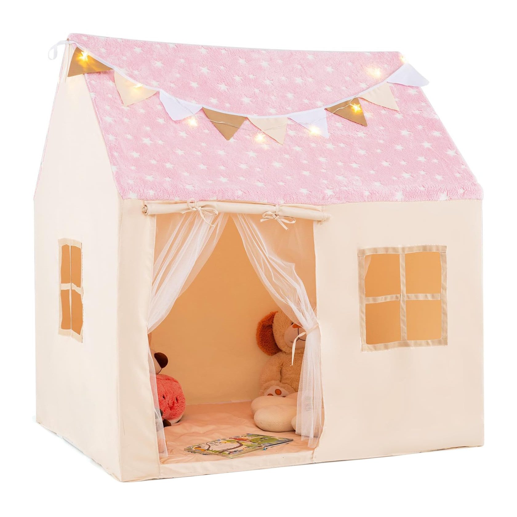 KOMFOTTEU Spielzelt Kinderspielhaus mit gepolstertem Teppich & Lichterkette günstig online kaufen