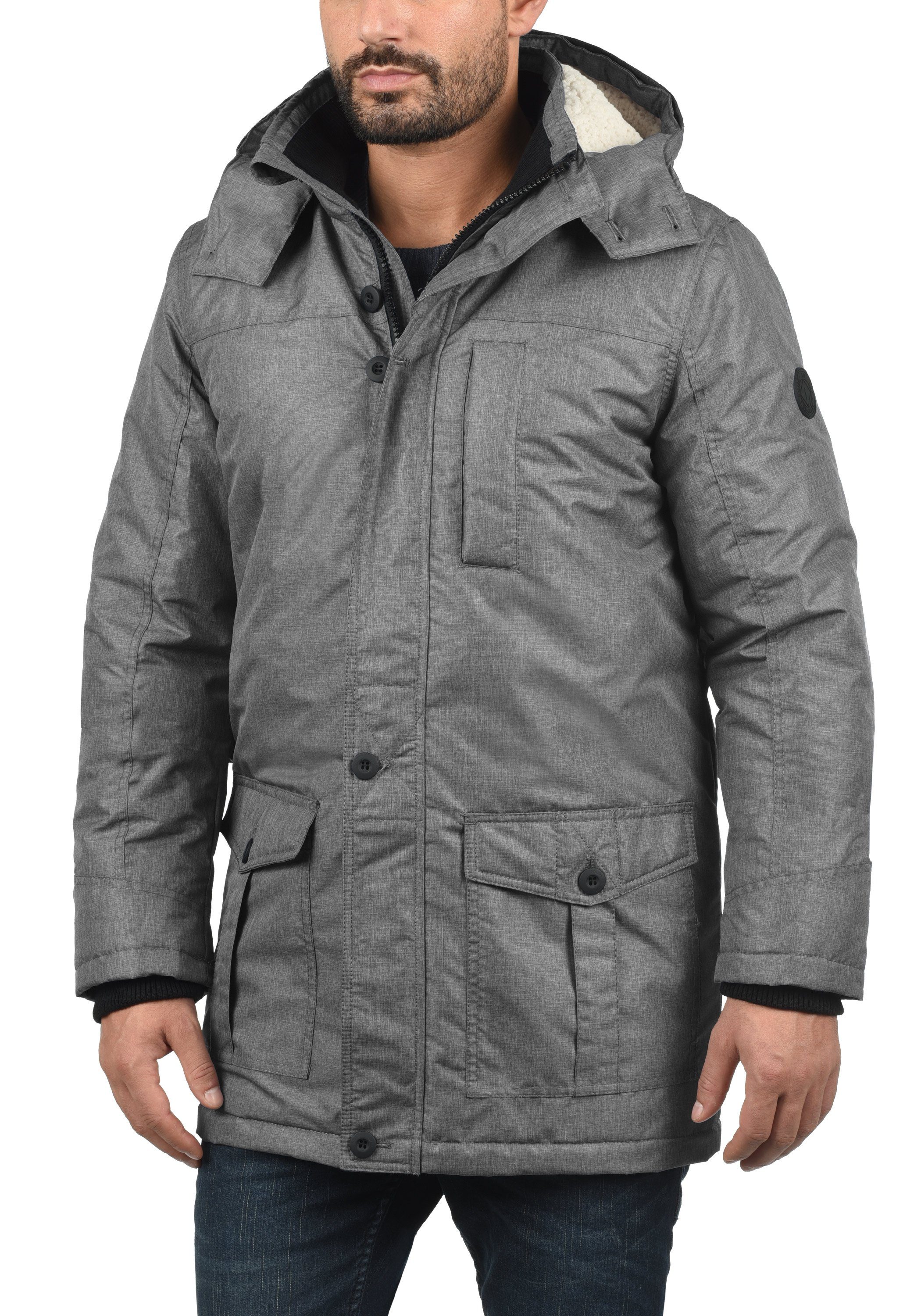 und Kunstfellkragen abnehmbarer SDOctavus Melange lange Jacke mit Winterjacke (8236) Kapuze !Solid Grey