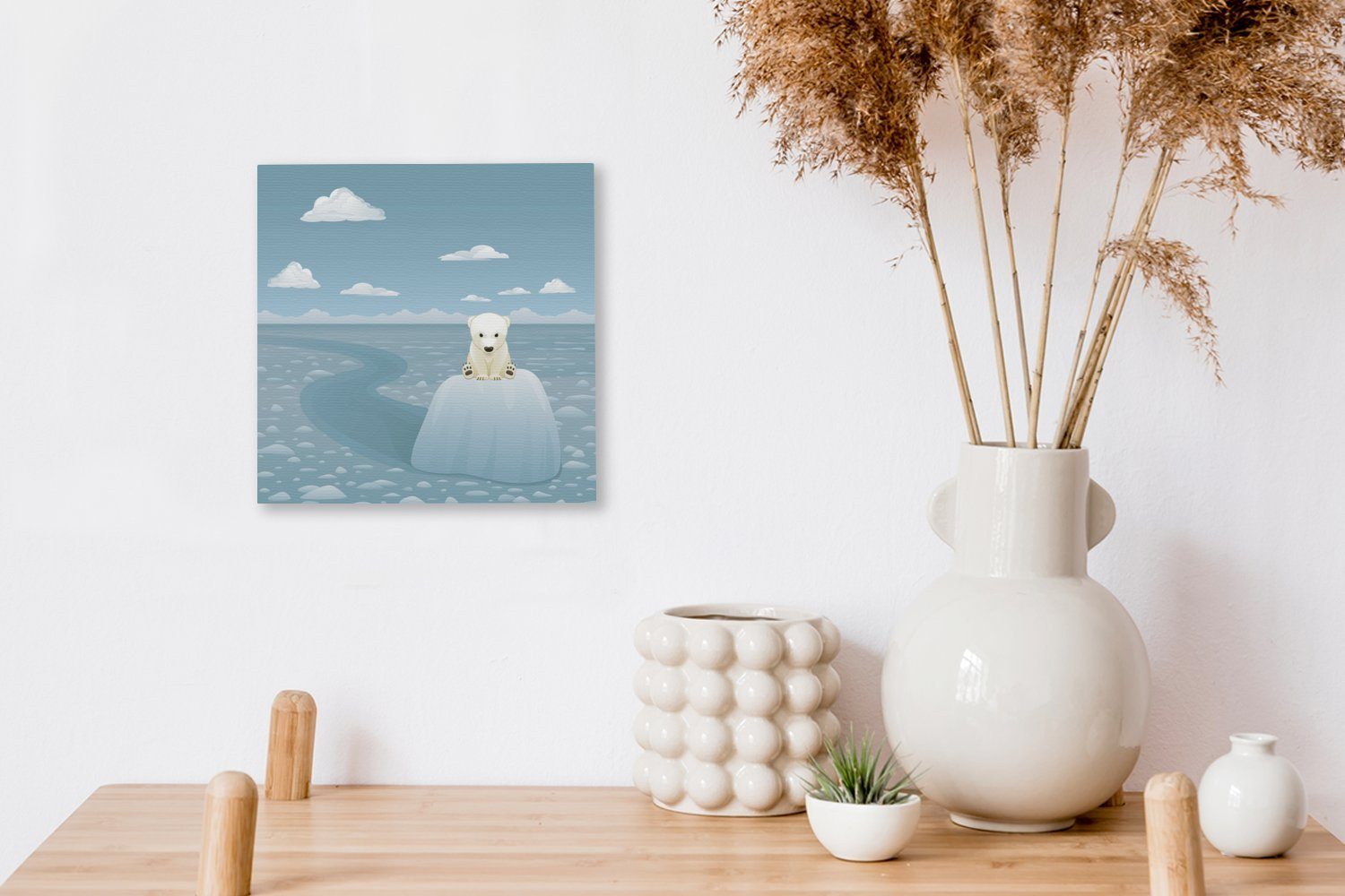 Illustration Wohnzimmer St), jungen Leinwandbild Schlafzimmer für OneMillionCanvasses® (1 Leinwand Eisblock, eines Bilder Eisbären auf einem