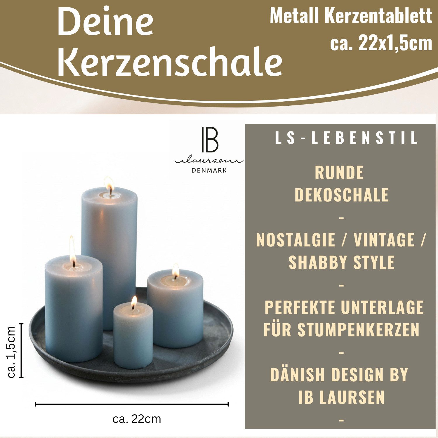LS-LebenStil Tablett Metall Deko Kerzenteller Rund Silber Kerzentablett Kerzenschale, Metall, (Deko Schale Kerzen-Untersetzer für Stumpenkerzen Unterteller Vase – Bild 2 von 5