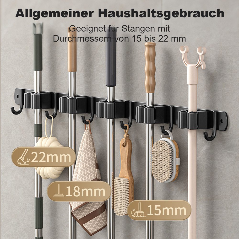 ANYSUN Wandhaken Besenhalterung Wand mit 4 Halter und 5 Haken Gartengerätehalter, Besen, Mopp, Badezimmer, ohne Bohren und Bohren Wand Gerätehalter, Wandhalter