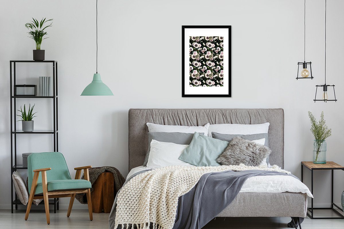 Collage, Blumen Anemone Bilderrahmen - Rahmen, (1 - mit Gerahmtes St), MuchoWow Schwarzem Kunstdruck, Poster, Poster