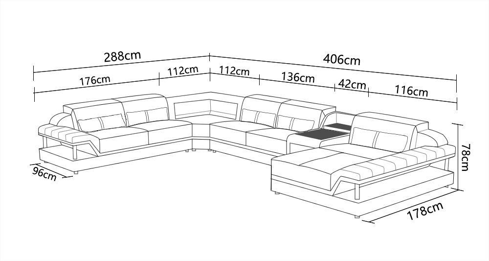 Design U Wohnzimmer-Set, Couchtisch Form Sideboard JVmoebel Wohnlandschaft Ecksofa Rot/Weiß