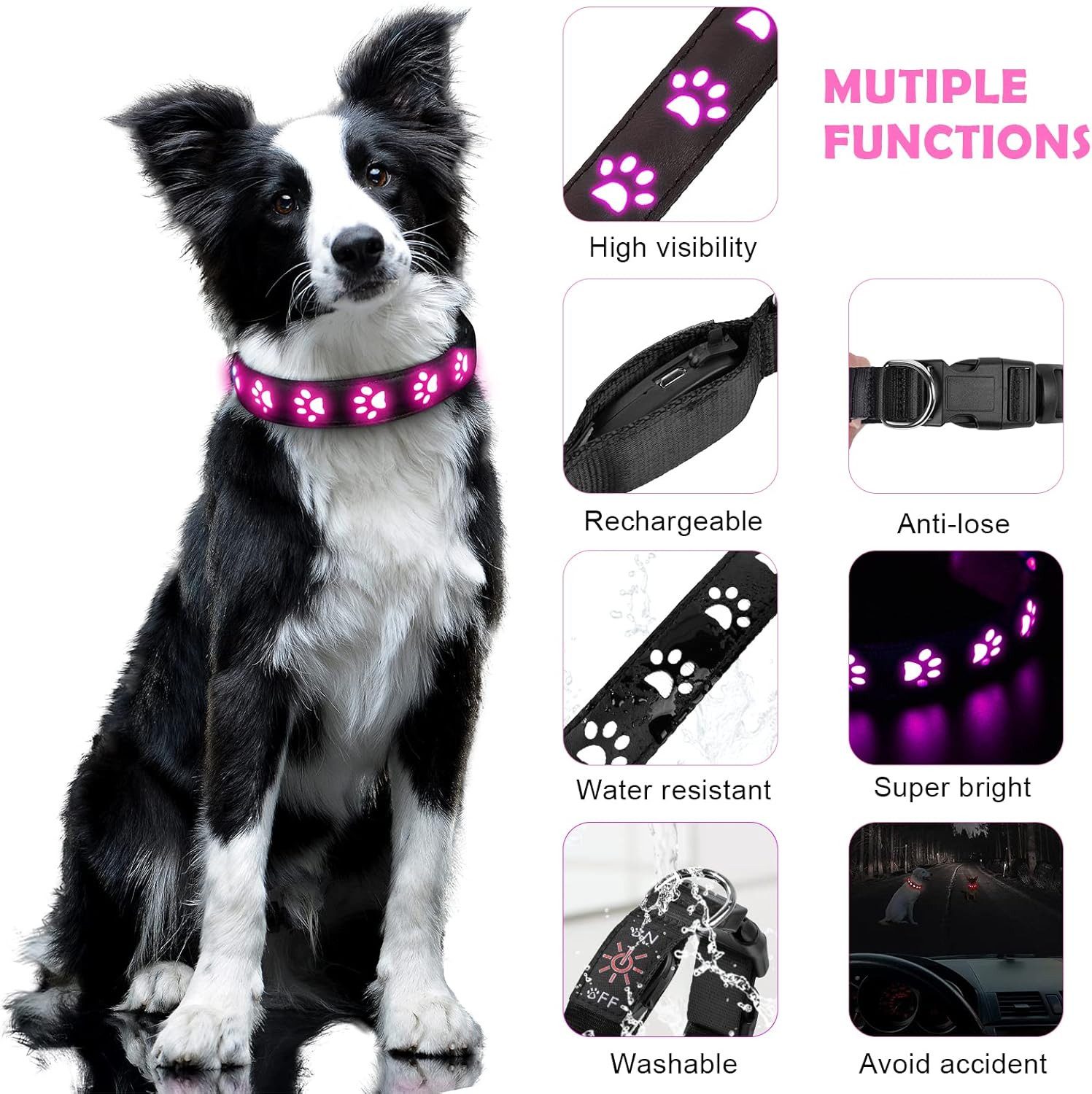 FELIXLEO Hundehalsbandleuchte Hundehalsband Leuchtend LED Leuchthalsband Wasserdicht M, weiß