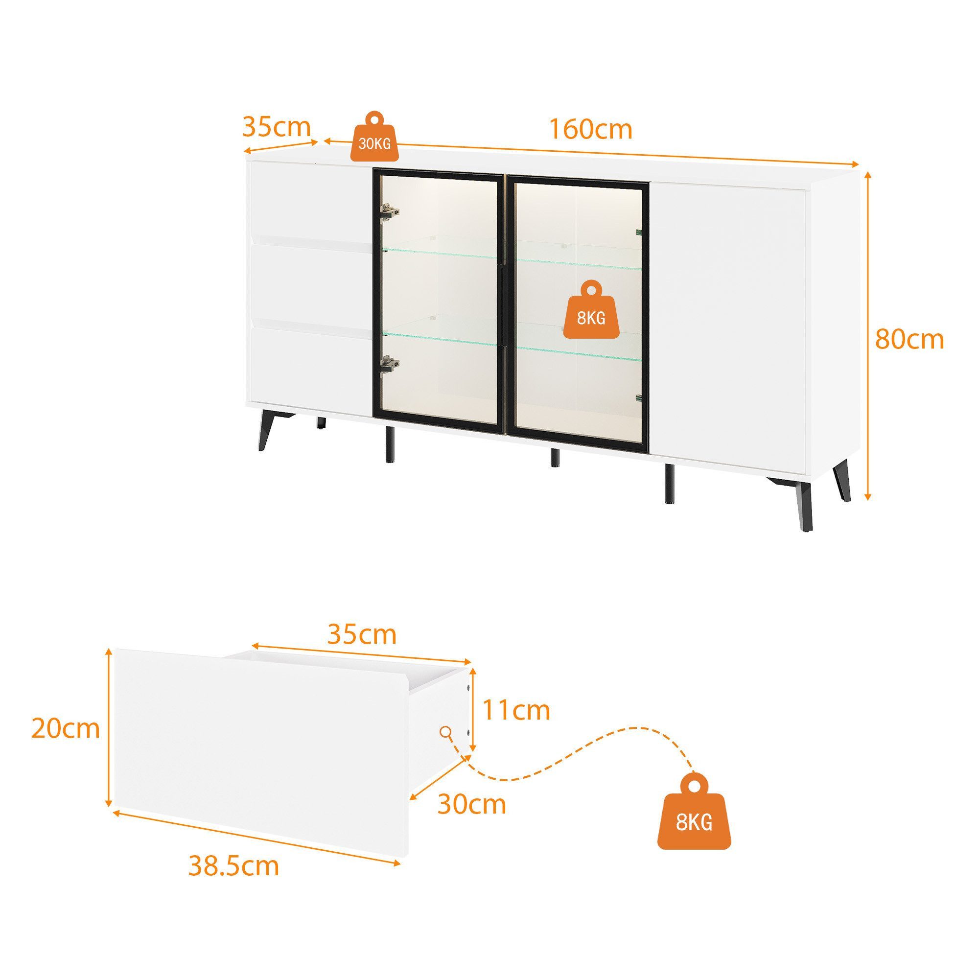FUFU&GAGA Sideboard 140-160cm Glasvitrine Vitrinenschrank, mit Beleuchtung 3 Farbe – Bild 4 von 5