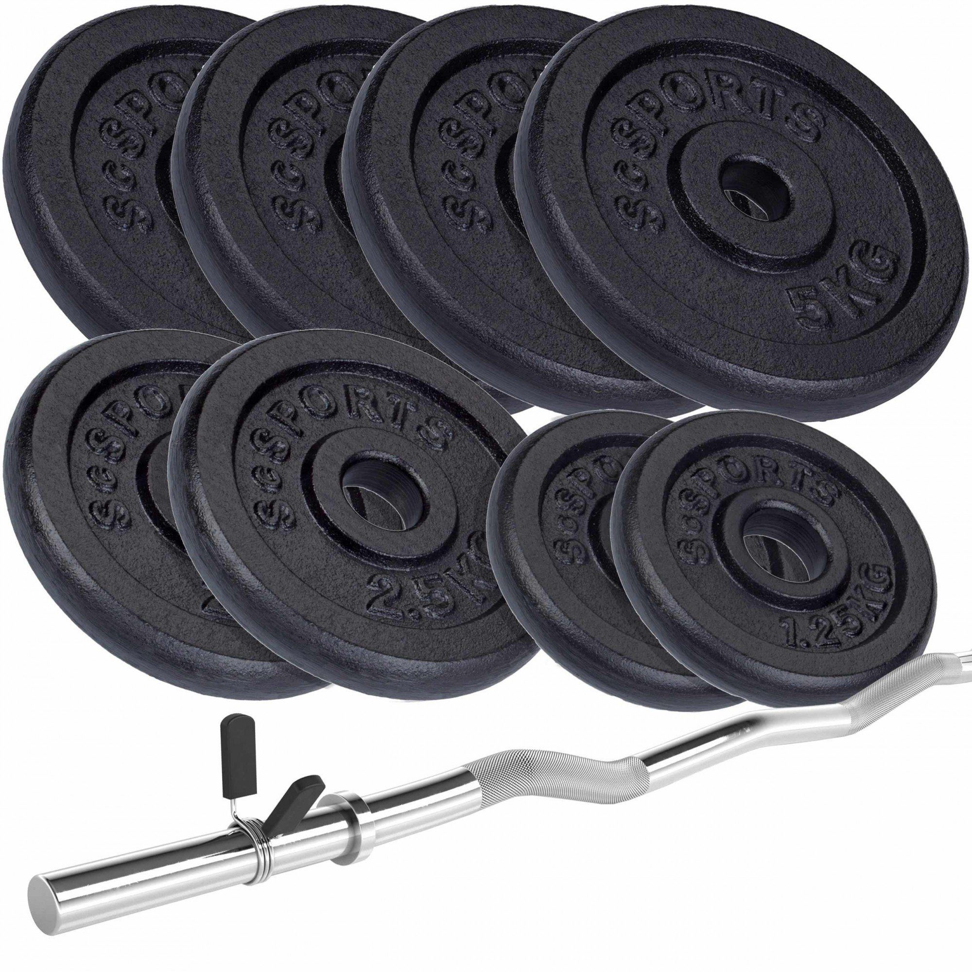 120 Curlset Westside SZ cm Gusseisen Discs Curlstange 30mm Hantel-Set Gewichte 34,5kg