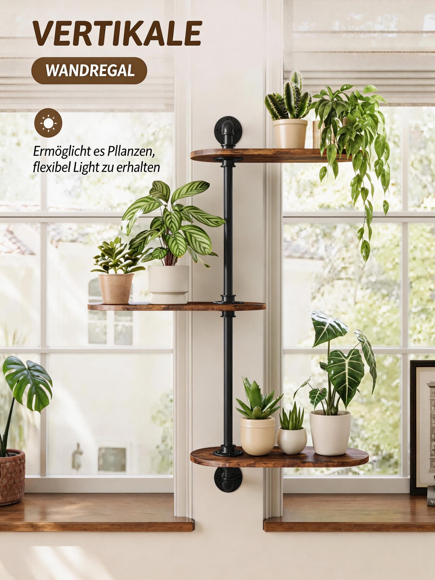 Bamworld Blumenständer 3-stufig, drehbares Wandpflanzenregal, Deko-Wandregal für Fenster (1 St), Eckregal für Pflanzen, Industrielles Design mit Holzoptik