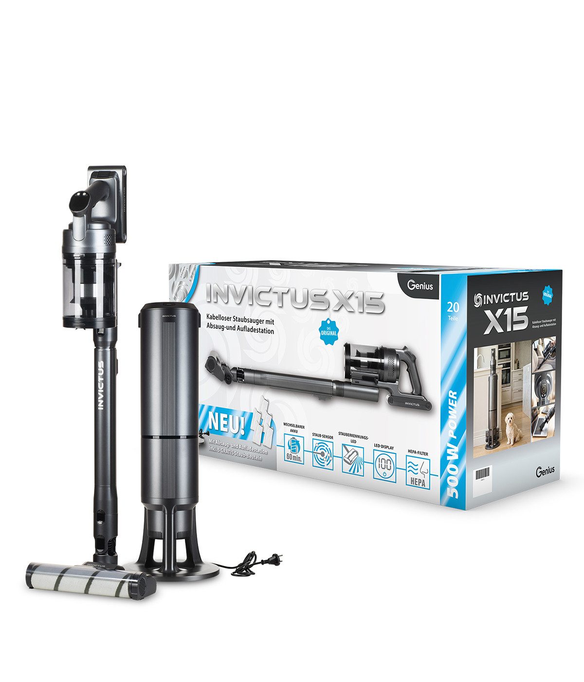 Genius Akku-Stielstaubsauger INVICTUS X15 Set 20-tlg., Akku-Staubsauger kabellos mit Absaugstation, 500 W, beutellos, Automatische Absaugstation