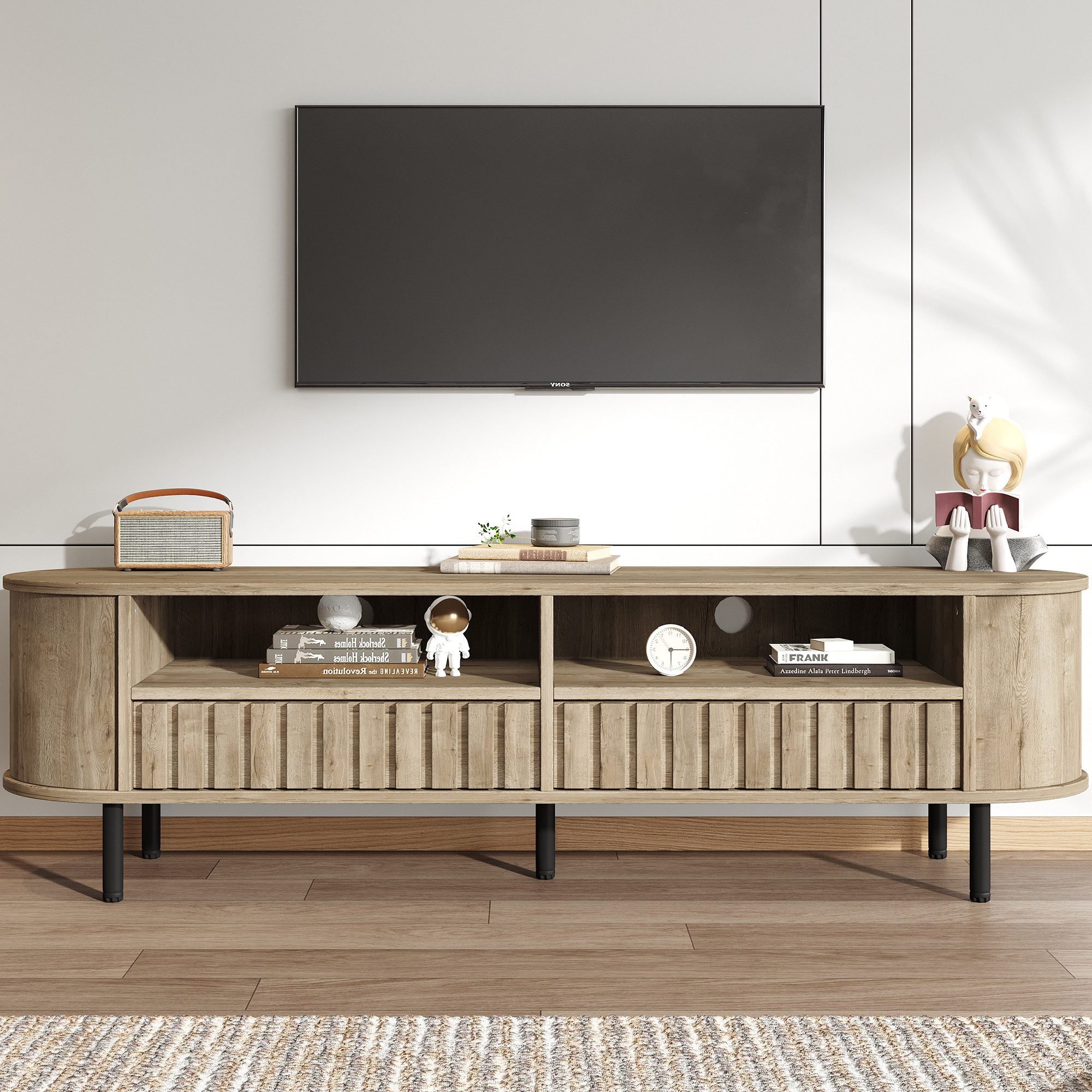 Odikalo Lowboard TV-Schrank TV-Bank mit Stauraum (160*40*48cm, Lowboard mit 2 Schränken,Wohnzimmerschrank mit 2 Schubladen,Naturholzfarbe TV-Ständer, MDF, Fernsehtisch,TV-Ständer mit 5 Stützbeinen,Geeignet für 65-Zoll-Fernseher)