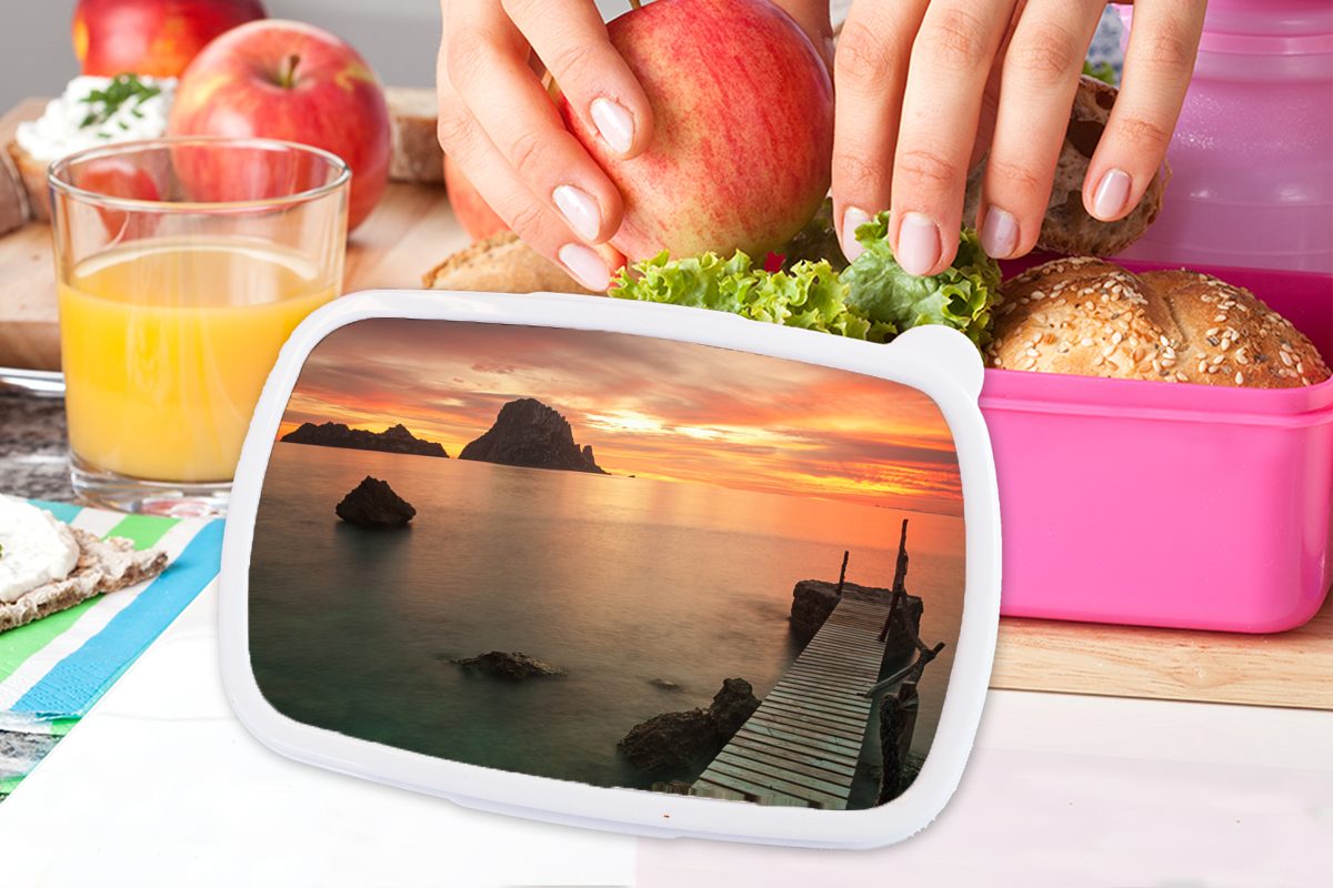 Kunststoff, Kunststoff Snackbox, (2-tlg), Ibiza, Brotbox Erwachsene, MuchoWow Kinder, Lunchbox Brotdose für rosa Mädchen, auf Sonnenuntergang