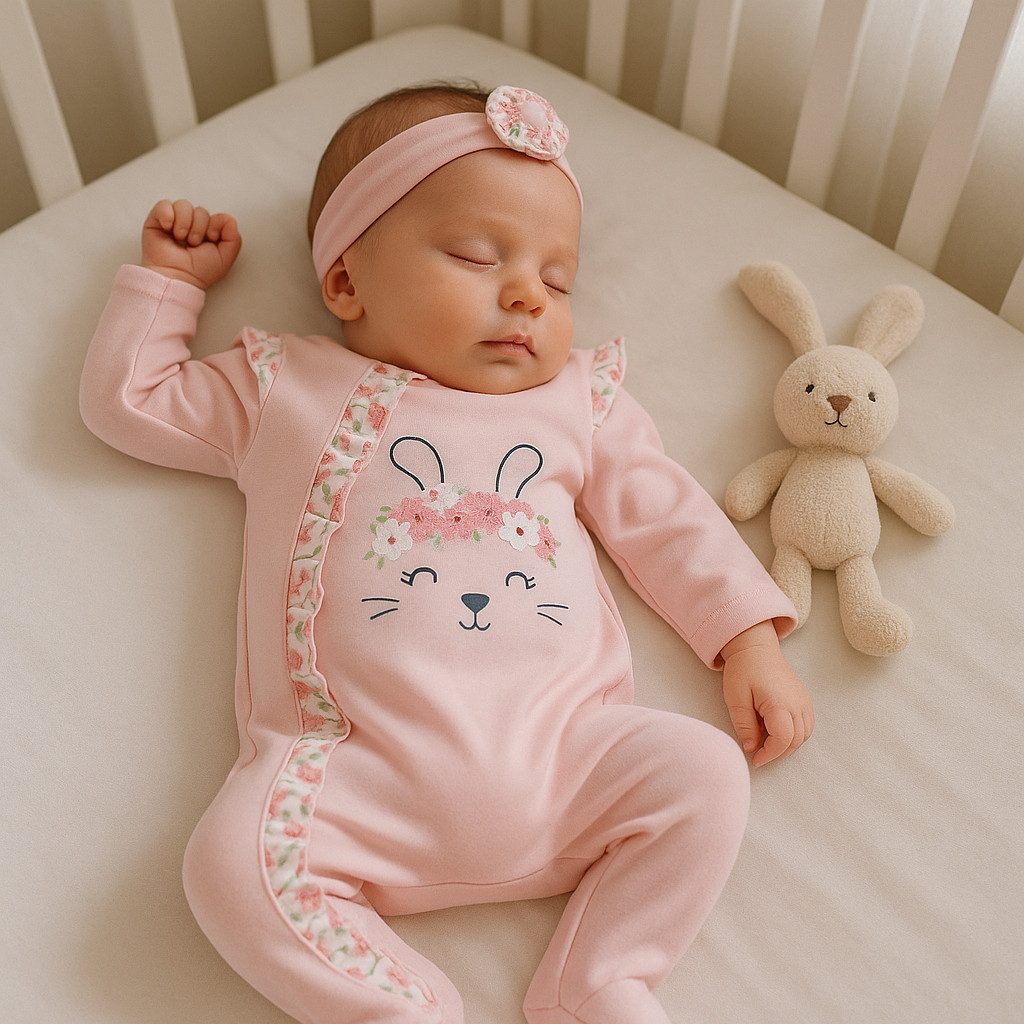 Strampler Baby Mädchen Strampler mit Fuß + Stirnband, Rosa, 100% Baumwolle
