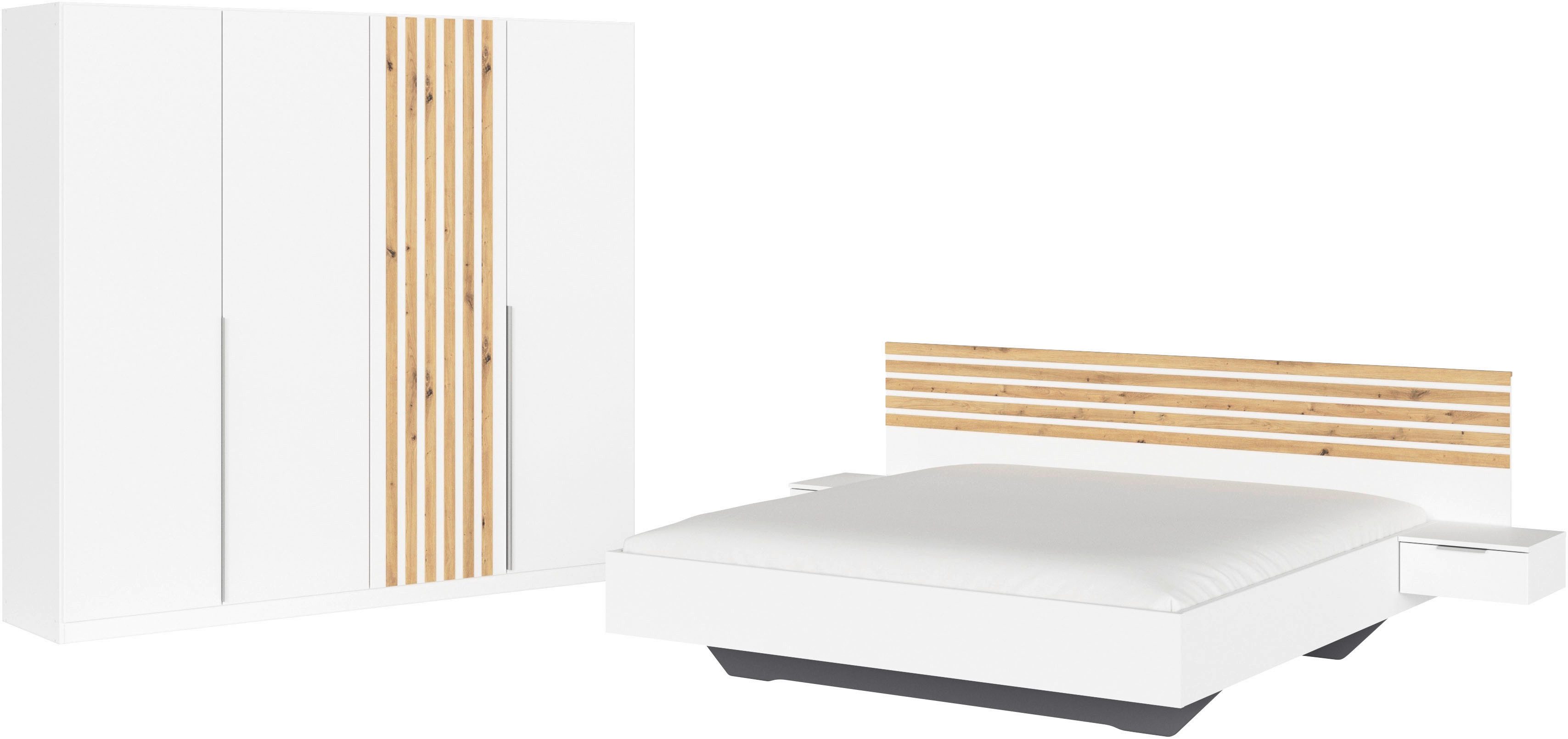 rauch Schlafzimmer-Set Komplettzimmer Komplett Set Schrank 226 cm Bett 160/180 cm LAMELLA, (Set, 4-tlg., 3 verschiedene Ausstattungen BASIC/CLASSIC/PREMIUM (inkl. SOFT-CLOSE), elegante Lamellen-Auflage in 3D Akustikpaneel Optik MADE IN GERMANY