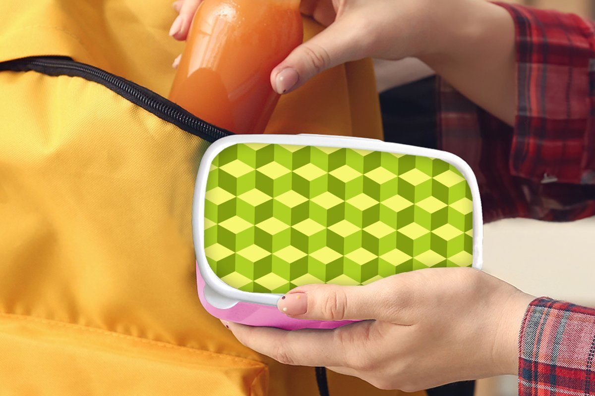 Snackbox, Brotbox Erwachsene, Brotdose Muster rosa Mädchen, Lunchbox - Kunststoff (2-tlg), - Kunststoff, Kinder, Grün Blöcke, MuchoWow für