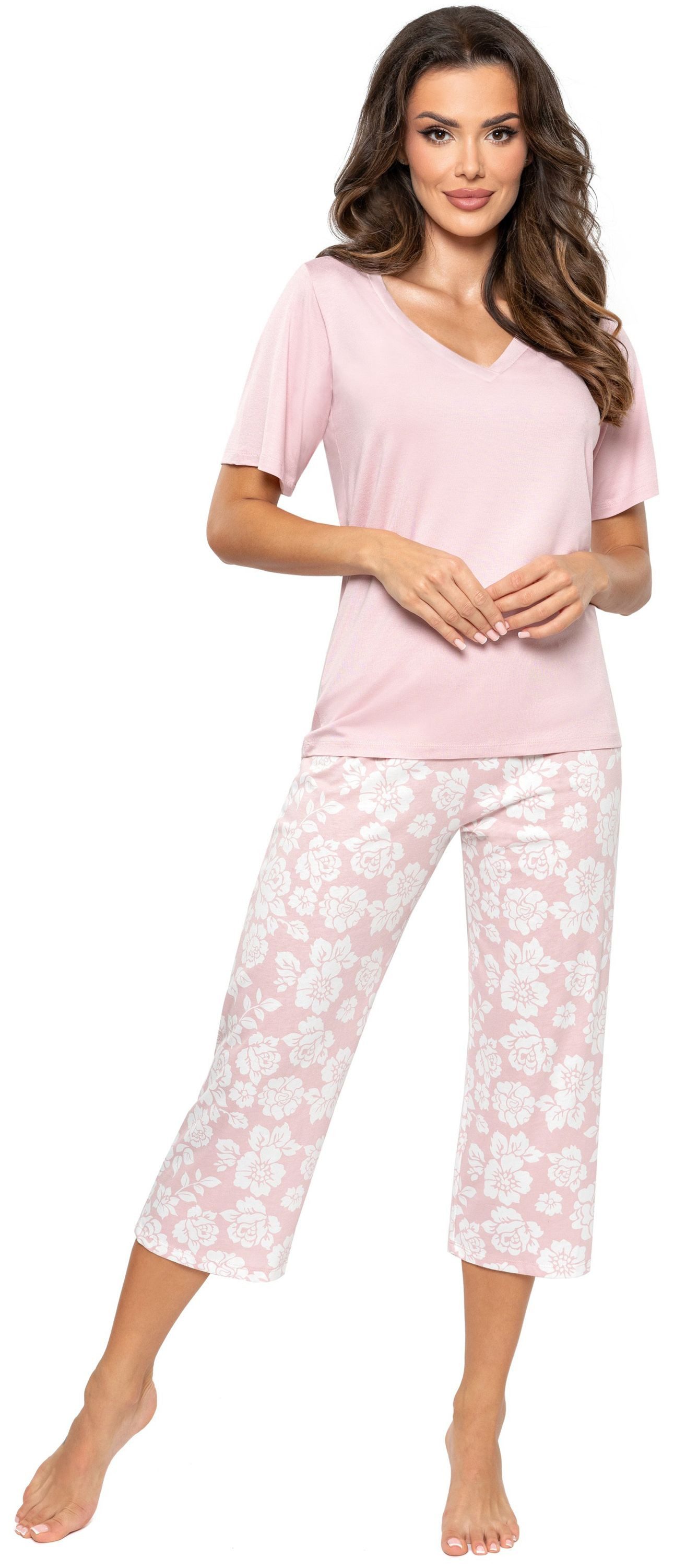 Donna Schlafanzug Rosalia (Set, 2 tlg., 2-teilig) Damen Capri-Pyjama 2-teilig 3/4 Hose Kurzarm Baumwolle