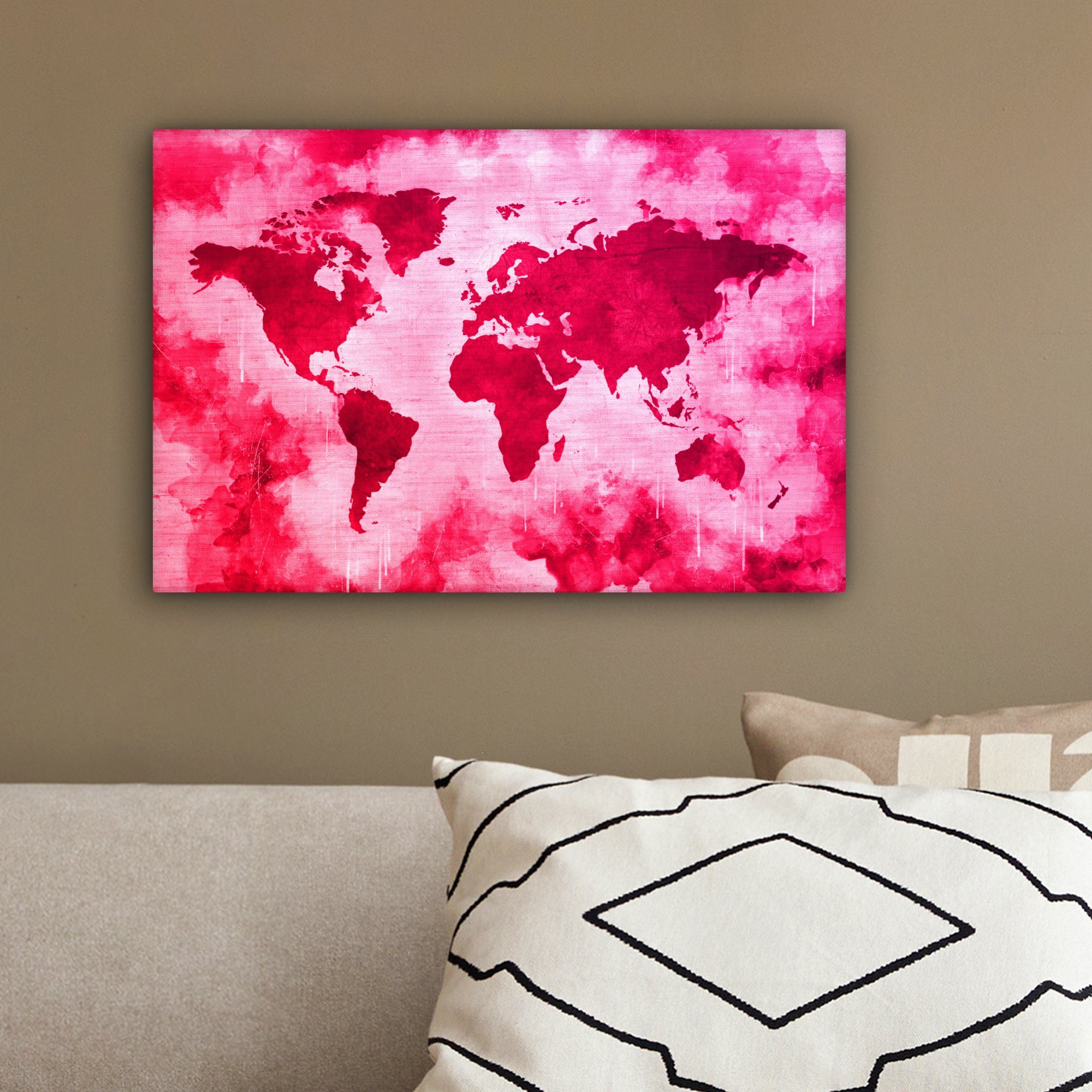 OneMillionCanvasses® Leinwandbild Weltkarte - Rot Wanddeko, (1 - 30x20 St), cm Leinwandbilder, Wandbild Aufhängefertig, Rosa