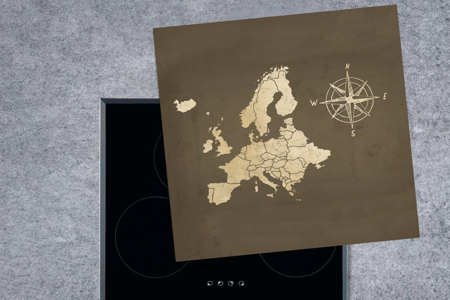 Ceranfeldabdeckung, Arbeitsplatte cm, MuchoWow Europa-Karte für - Vinyl, Windrose, Vintage - 78x78 küche Herdblende-/Abdeckplatte (1 tlg),