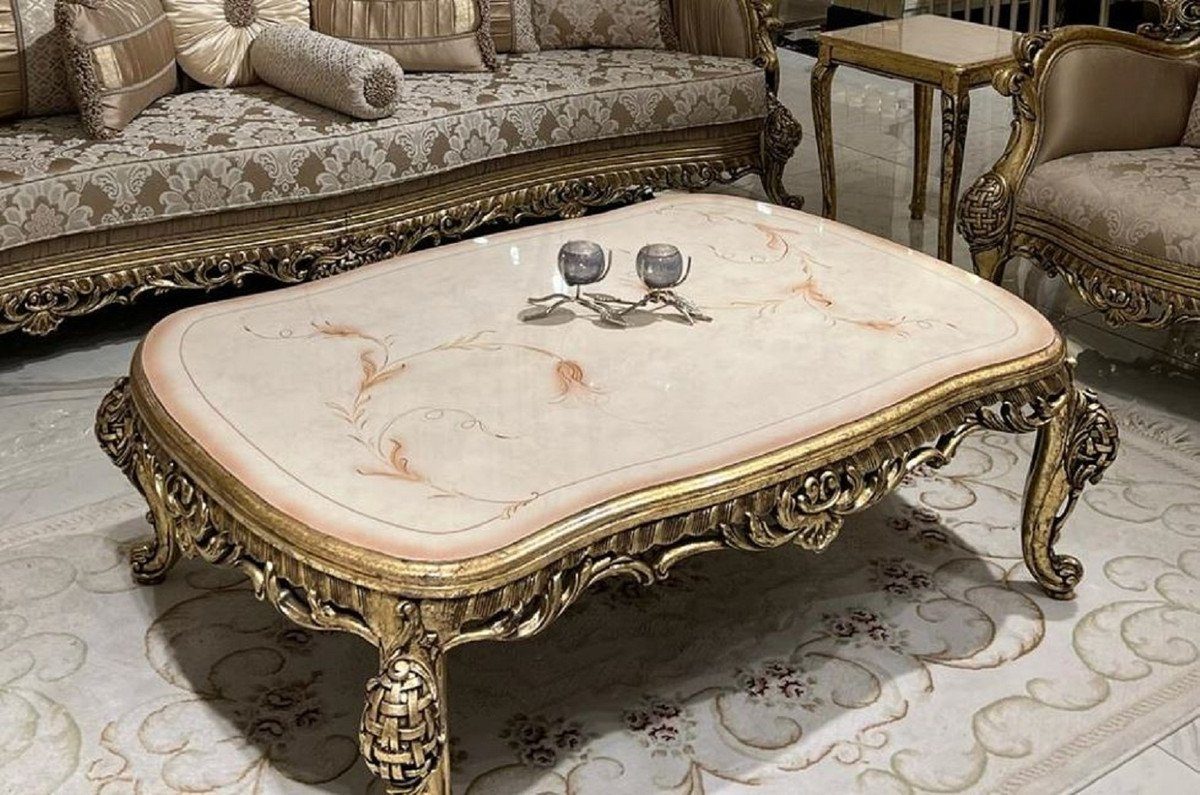 Massivholz Casa Beige Handgefertigter Gold Couchtisch Cremefarben Barock Couchtisch im Barock Padrino Möbel - / Wohnzimmertisch - Luxus / Barockstil Prunkvolle