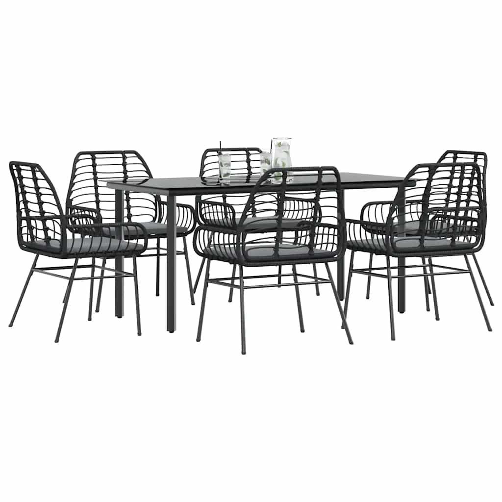 vidaXL Garten-Essgruppe 7-tlg. Garten-Essgruppe mit Kissen Schwarz Poly Rattan Glas, (6-tlg)