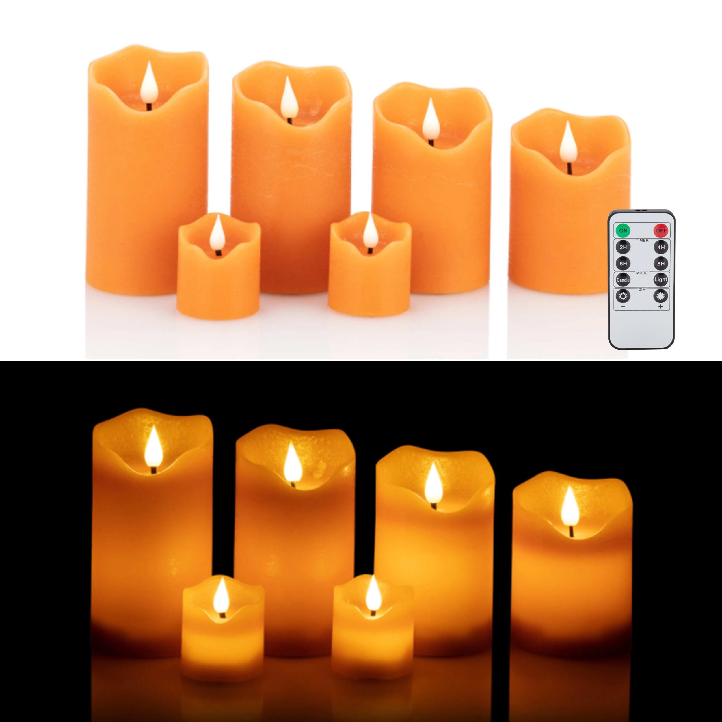 Online-Fuchs LED-Kerze 6er Set aus Echtwachs mit Dimmer, Timer, Fernbedienung Farbe wählbar (Helligkeit in 6 Stufen wählbar, Flackern oder Standlicht wählbar, Creme, Koralle, Hellgrün, Gelb, Apricot, Silber, Grau), Maße: 10, 12, 13 und 14 x 7,5 cm sowie 5 x 4,7 cm, Echtwachs