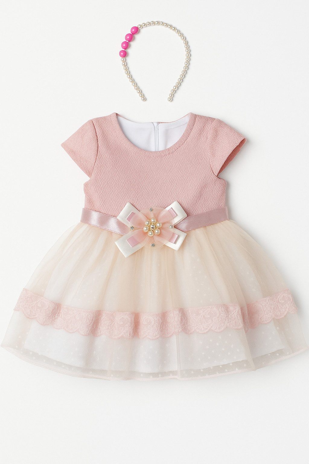 Lorey Medtec Taufkleid Prinzessin Kleid, Haarreif, Party Kleid, Spitze, 100% Baumwolle, Rosa (Kleid + Haarreif) Spitze, Tüll