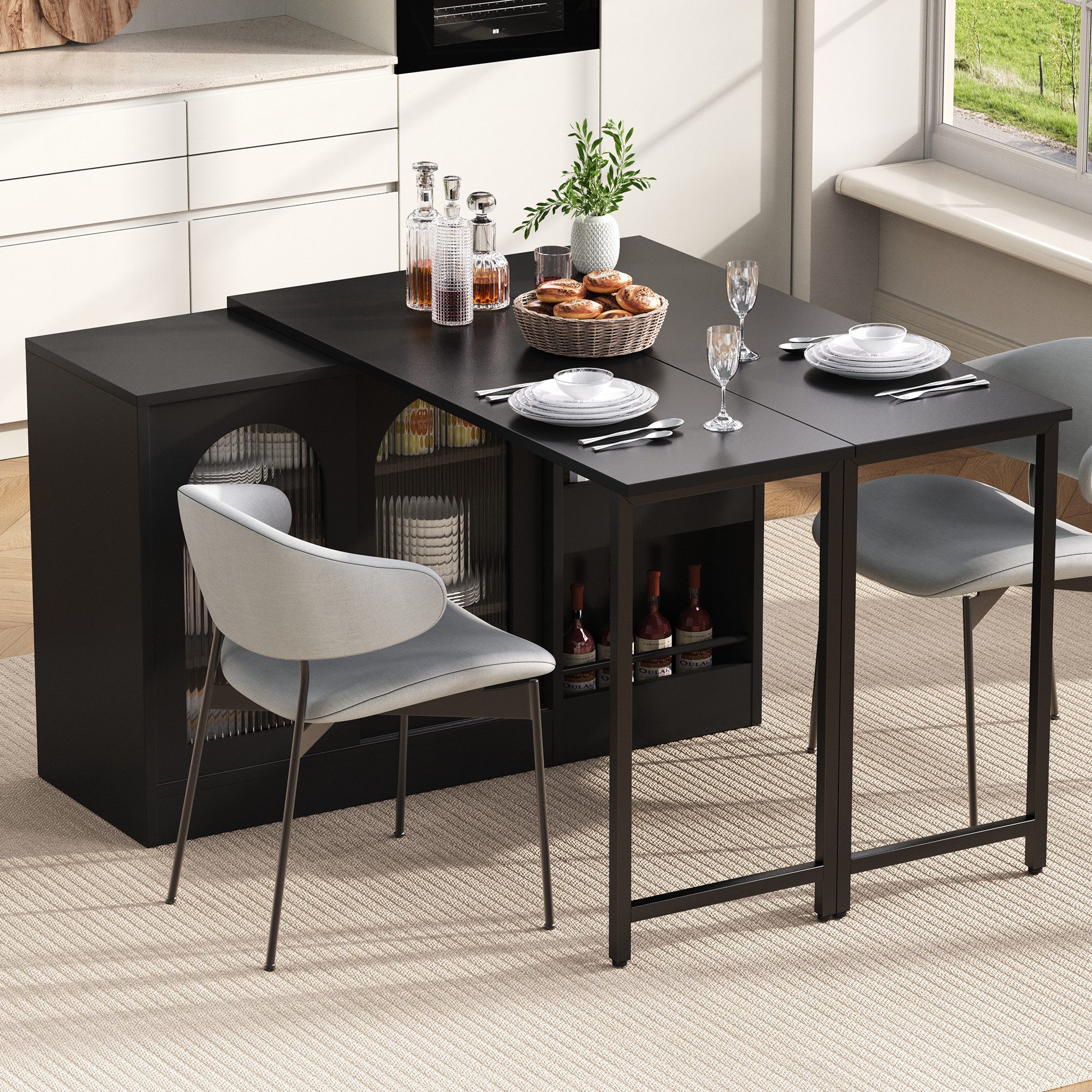 Odikalo Bartisch Sideboard mit Esstisch, Ausziehbar, Drehbare (Moderner Bartisch, Ausziehbar 360° Drehbare Bartisch Mit Stauraum, Reversibel Tisch Sideboard Bar Mit Glasschranktür, Bar Tisch Für Küche Kaffeebar Möbel, Schwarz / Weiß)
