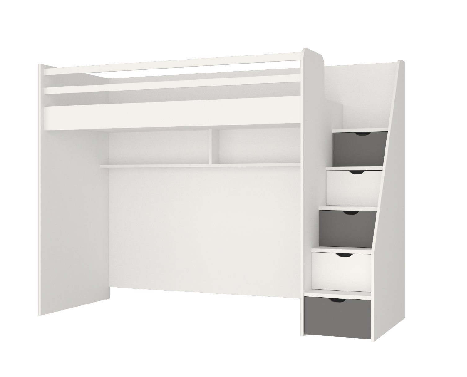 Möbel-Lux Hochbett Almila Neo mit Treppe, Regal und LED Grau