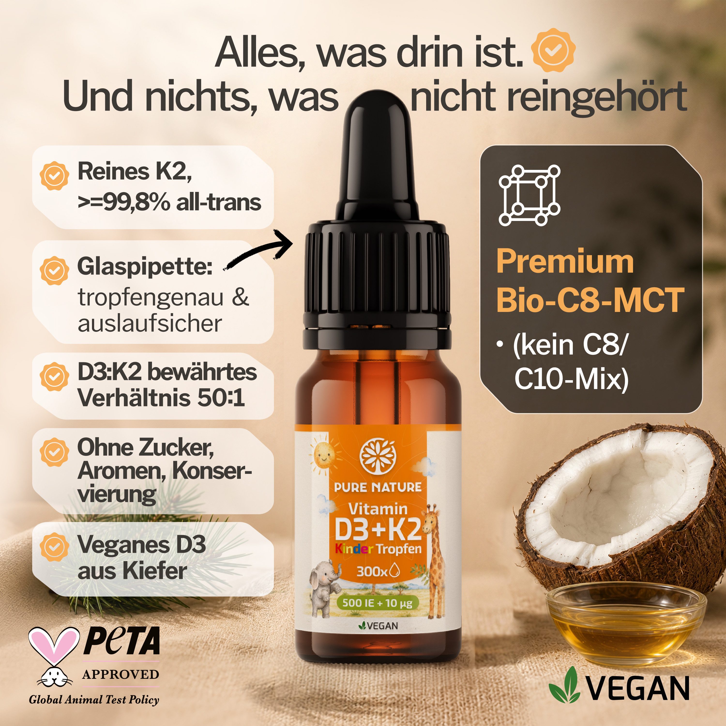 Pure Nature Vitamin D3+K2 Kinder - 500 IE - Bio-Kokus-MCT C8 Öl 99,8% All Trans Tropfen, 10 g 10 ml