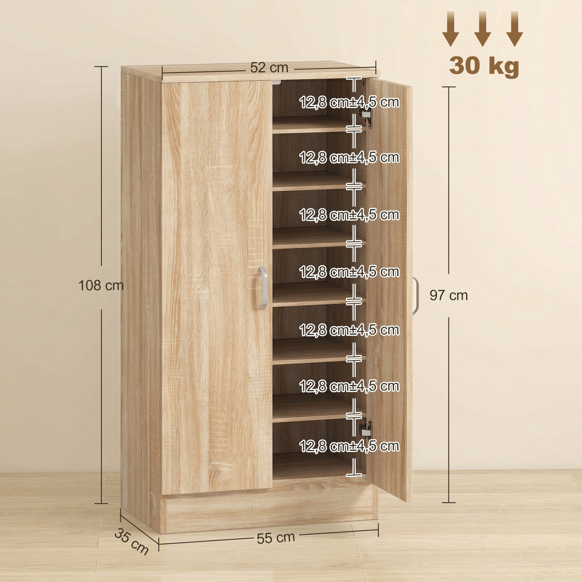 HOMCOM Schuhschrank Schuhkommode mit 2 Türen, 6 Verstellbaren Ablagen, Soft-Close-Funktion (Schuhregal, 1-St., Schuhaufbewahrung) für 14 Paar Schuhe 55 x 35 x 108 cm, Naturholz