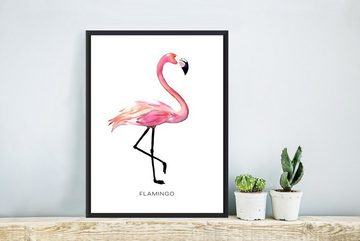 MuchoWow Poster Zeichnung - Flamingo - Rosa, (1 St), Gerahmtes Poster, Wanddeko, Bilder, Wandposter, Schwarzem Bilderrahmen