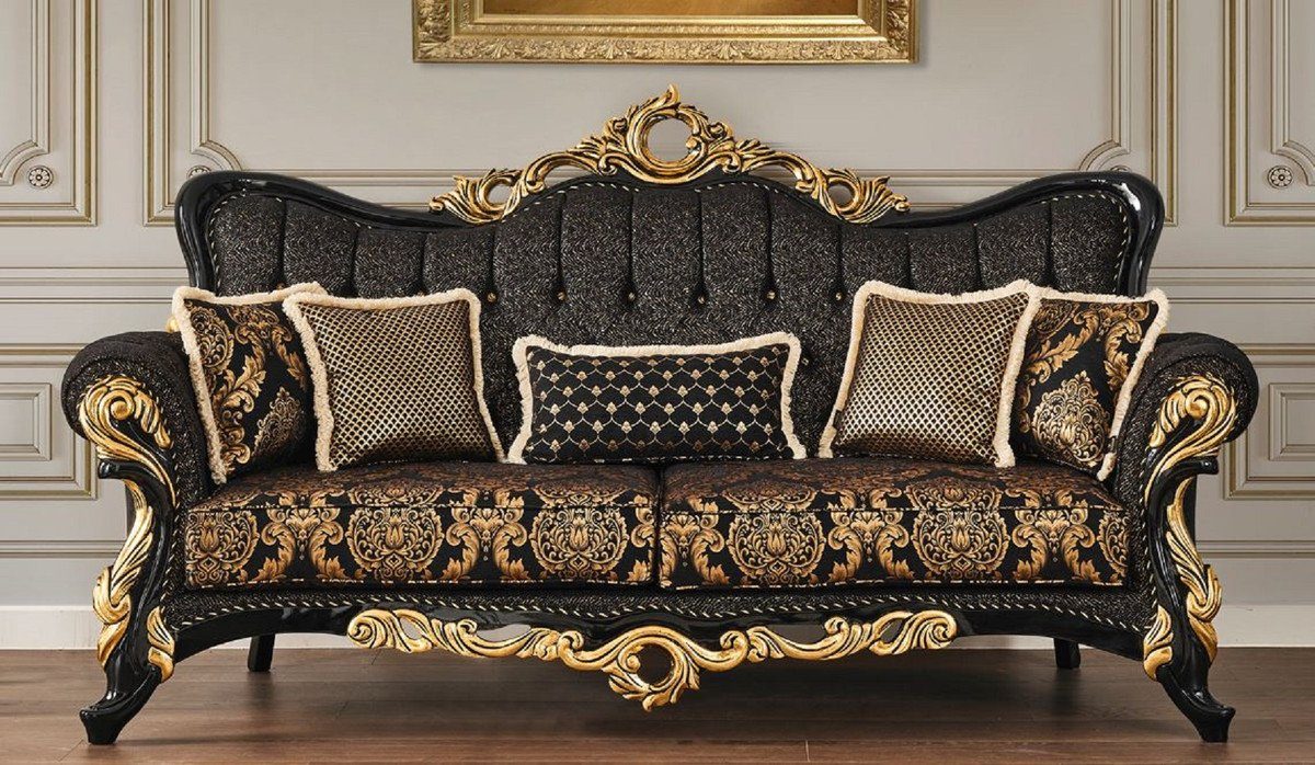 Casa Padrino Sofa Luxus Barock Sofa Schwarz / Gold 230 x 80 x H. 126 cm - Prunkvolles Wohnzimmer Sofa mit elegantem Muster und dekorativen Kissen - Barock Wohnzimmer Möbel