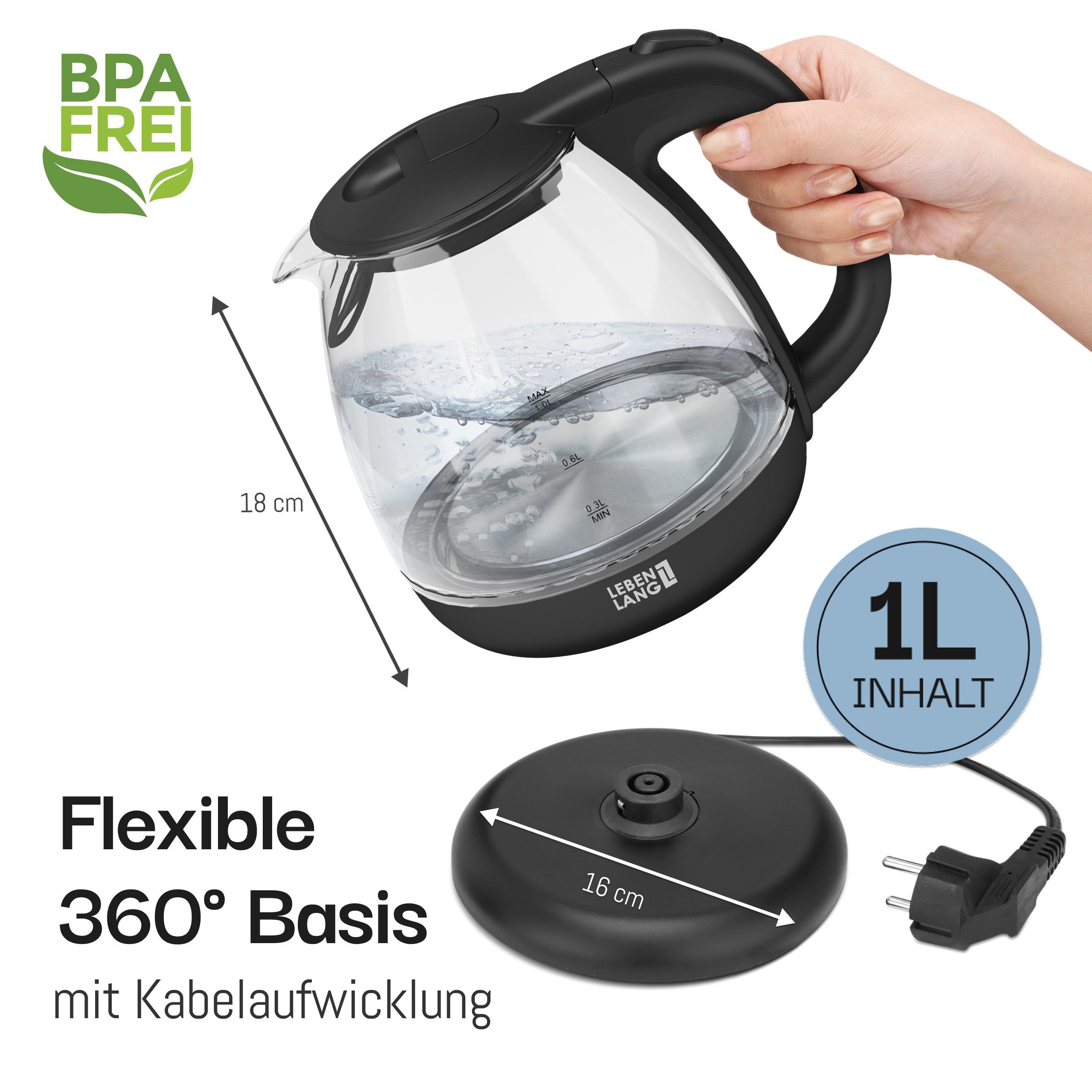 Lebenlang Wasserkocher aus Glas - Kochendes Wasser in 3 Min - Kompakt & Ideal auch für Reisen, 2200 W, Energieeffizient - Flexible 360° Basis - Platzsparend - 67cm Kabel