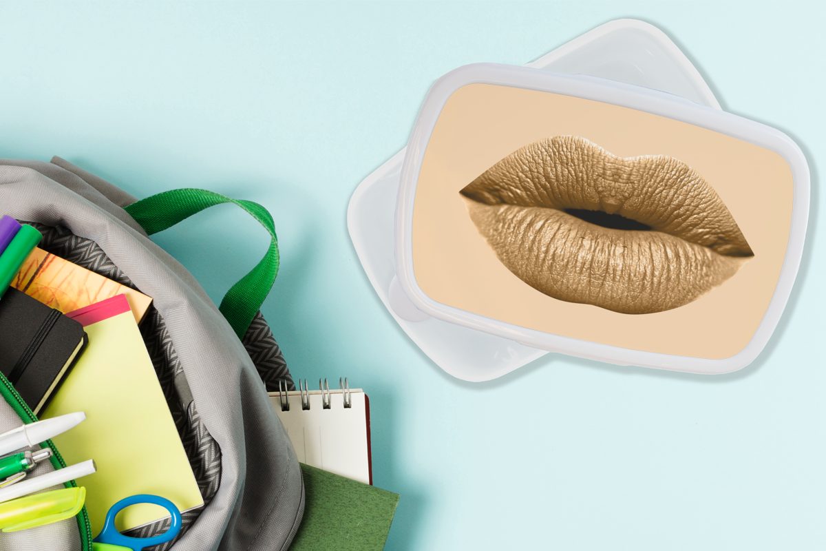 Mädchen für Pastell Lippen - für Lunchbox MuchoWow Brotbox Braun, Brotdose, weiß Kinder Erwachsene, Jungs - (2-tlg), und und Kunststoff,