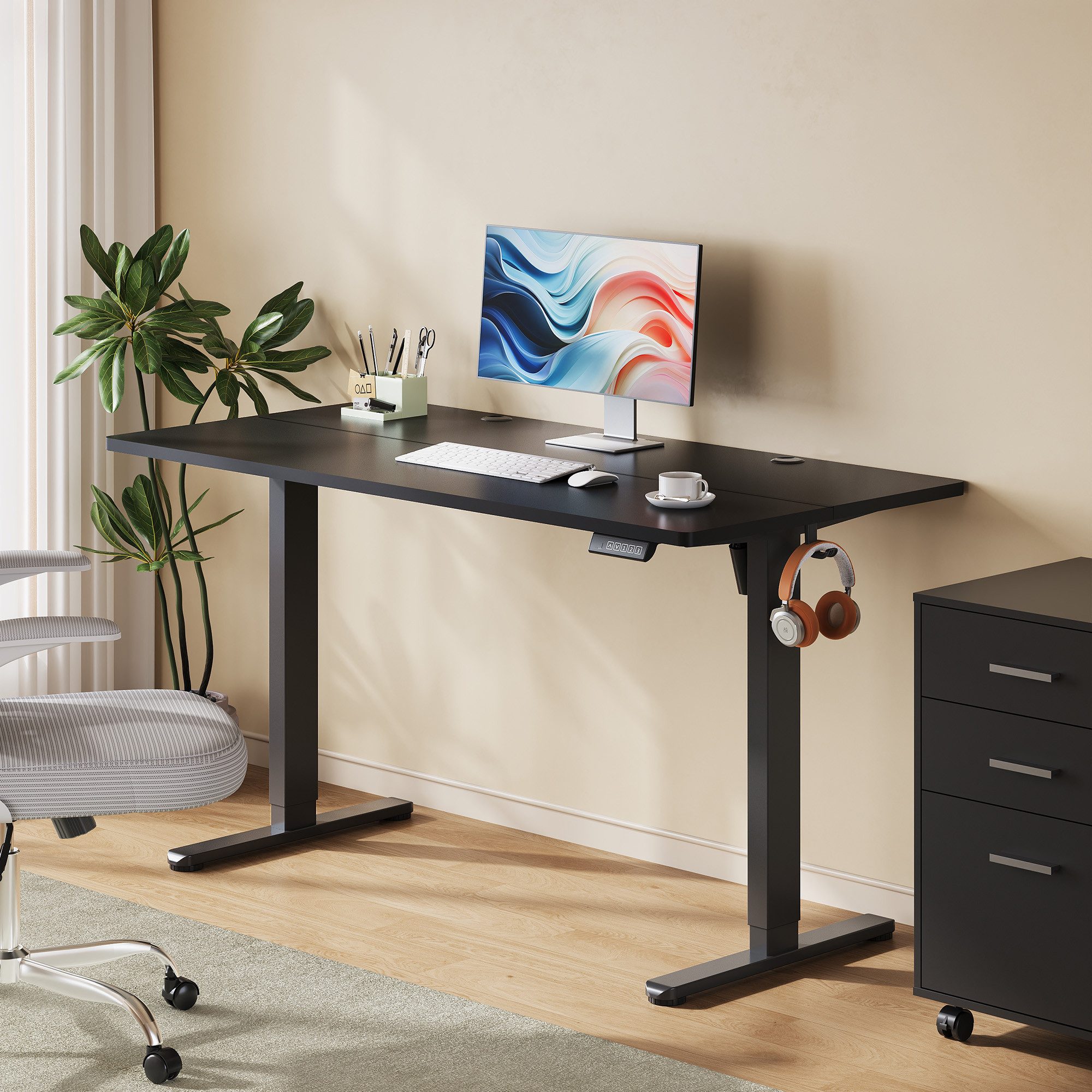 DEVAISE Schreibtisch Höhenverstellbarer Schreibtisch elektrisch 100×60 cm (Höhenverstellung 72–118 cm, Memory-Funktion für 3 Höhen, leise <50 dB, 140x70 cm 1 Tisch), Ergonomischer Computertisch für Büro, Home Office, Farbe Eiche