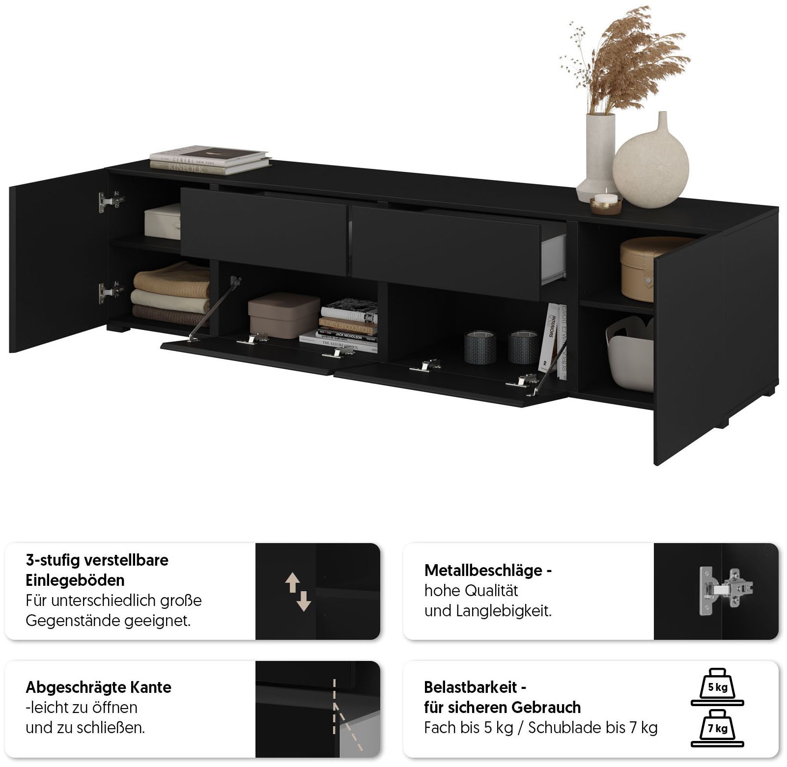 OTTO home Lowboard Metric,Breite 195cm, grifflose Lowboard 2Klappen/2Schubkästen/2Tür, TV-Schrank mit viel Stauraum, TV-Board