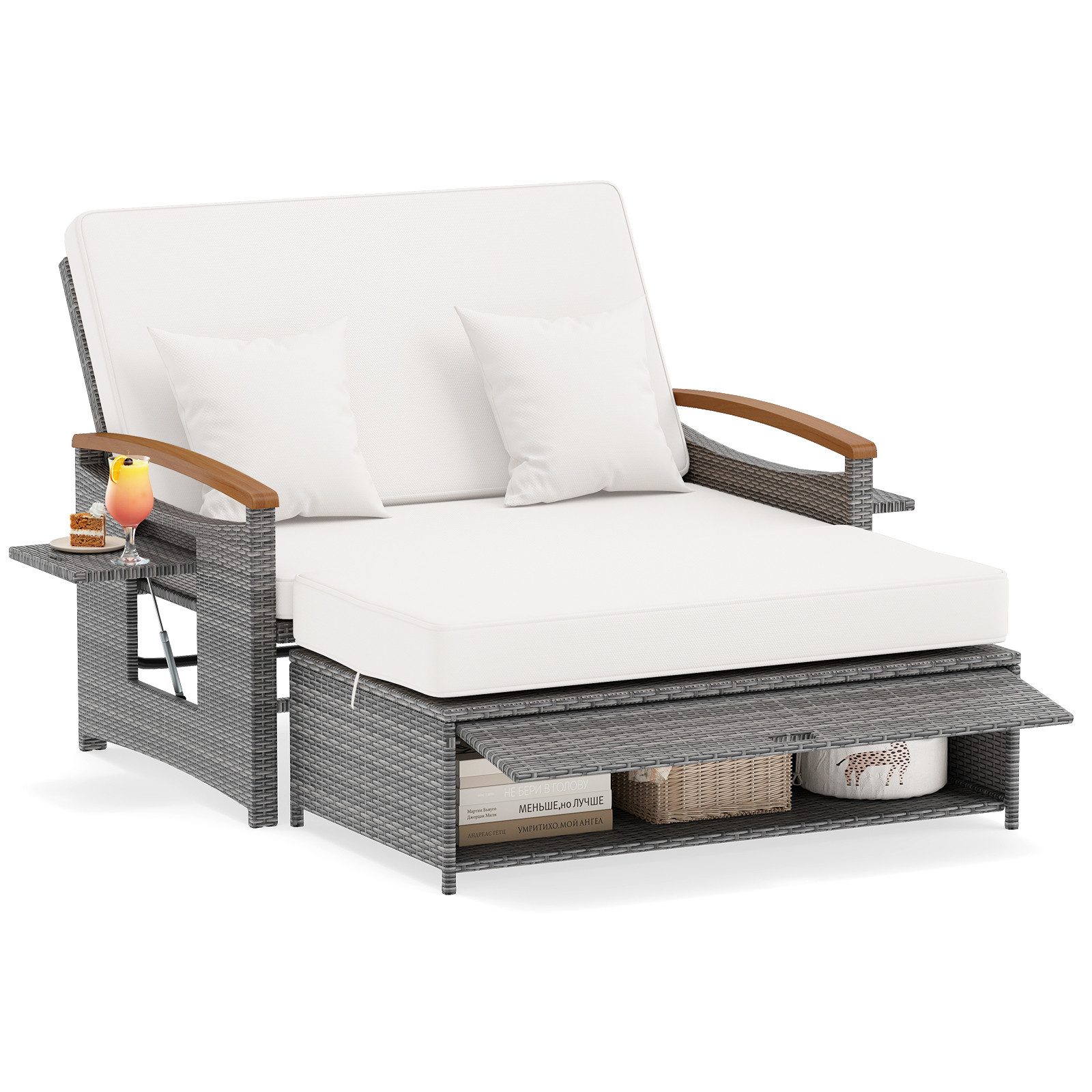 COSTWAY Loungebett, outdoor, Rattan, 2-Personen, Gartenliege mit verstellbarer Rückenlehne