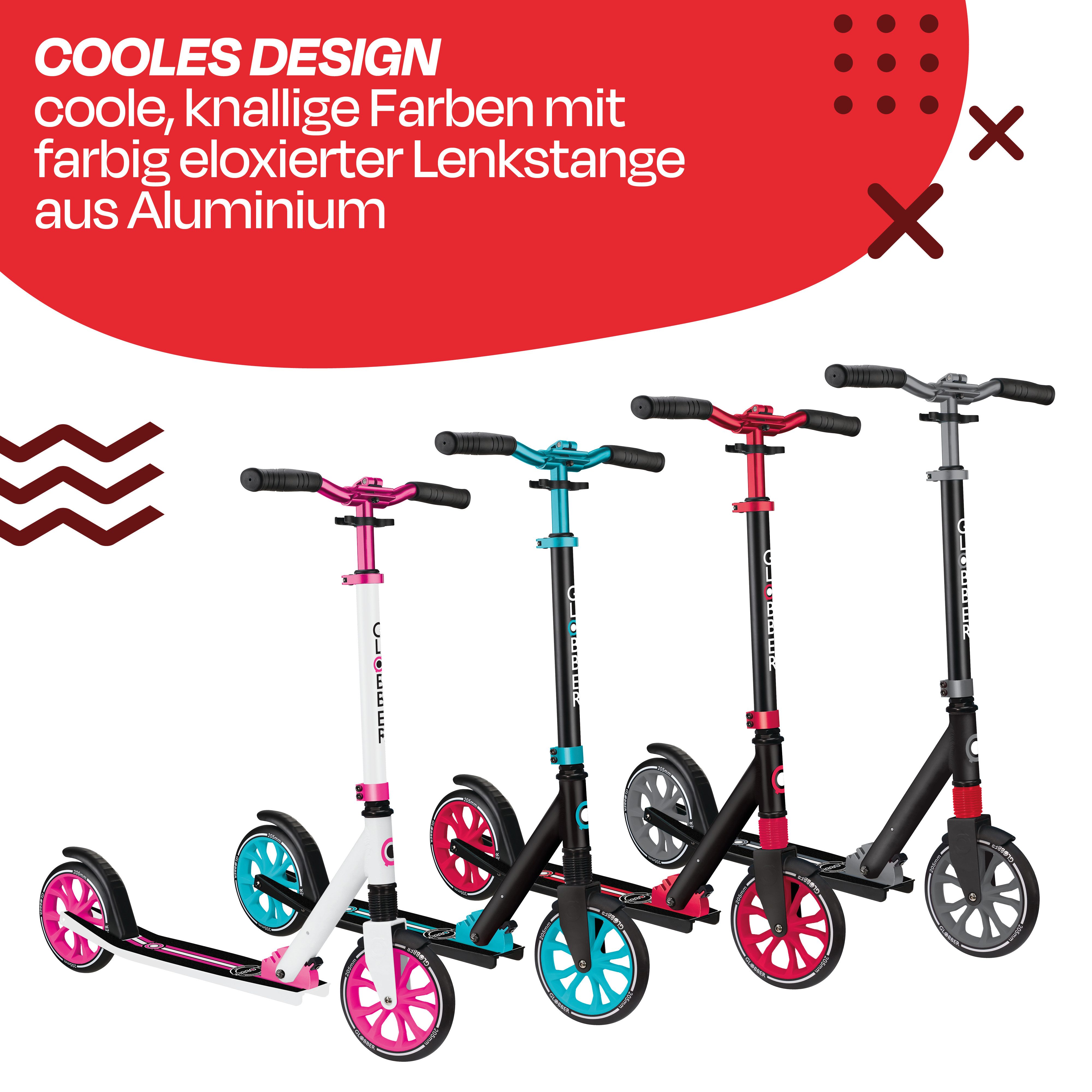 Globber Tretroller NL 205 Scooter - Für Kinder, Teens & Erwachsene, ABEC 7, Federung, Frontfederung PU-Rollen 205 mm Alu-Deck, Antirutsch – Bild 4 von 5
