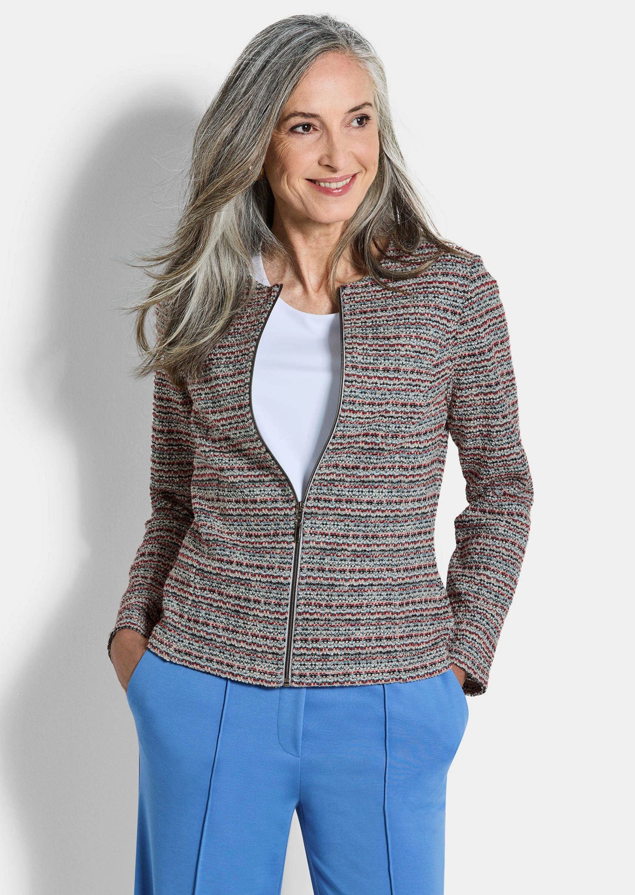 GOLDNER Jerseyblazer Jerseyblazer mit Glanzakzenten Baumwolljacke mit Rundhals, Reißverschluss, Teilungsnähten und Langarm