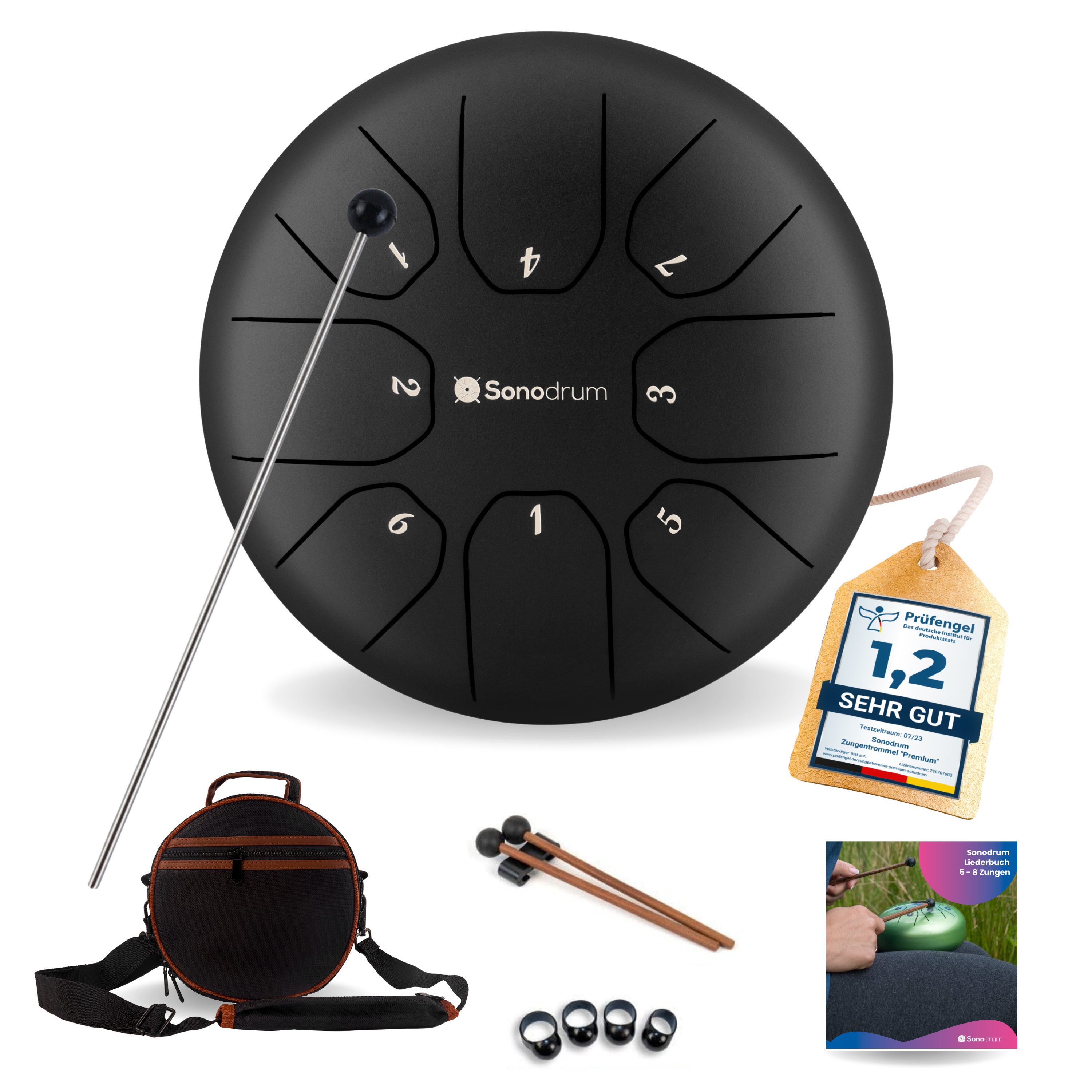 Sonodrum Steel Tongue Drum "Standard", C-Dur, 20 cm, 8 Zungen inkl. Liederbuch und Tragetasche