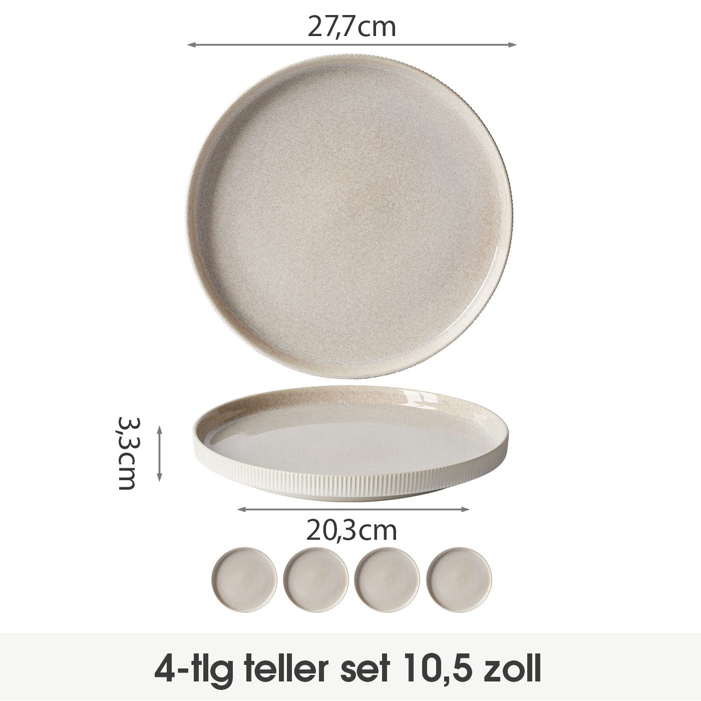 JIWOO Speiseteller 4er Ø27,7 cm, Frühstücksteller Pastateller Steakteller Salatteller, (4 St), 10 Zoll Keramik Tellerset Weiß Plate Mikrowellen spülmaschinenfest