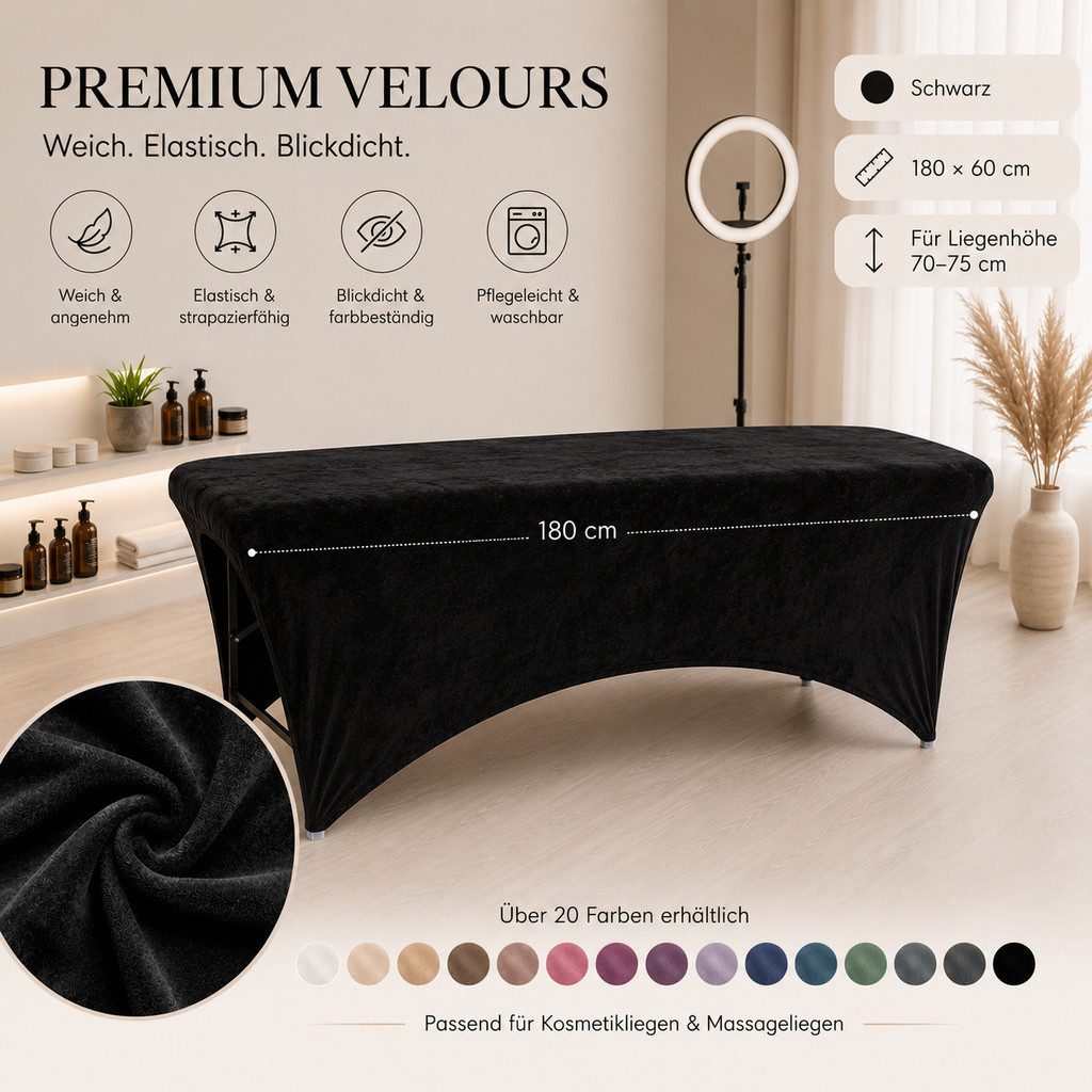 STM Company Massageliege Verlängerter Liegenbezug aus Velours für Kosmetikliege & Massageliege (Elastischer Spannbezug mit Fußaussparung), 180x60 cm/ 190x70 cm