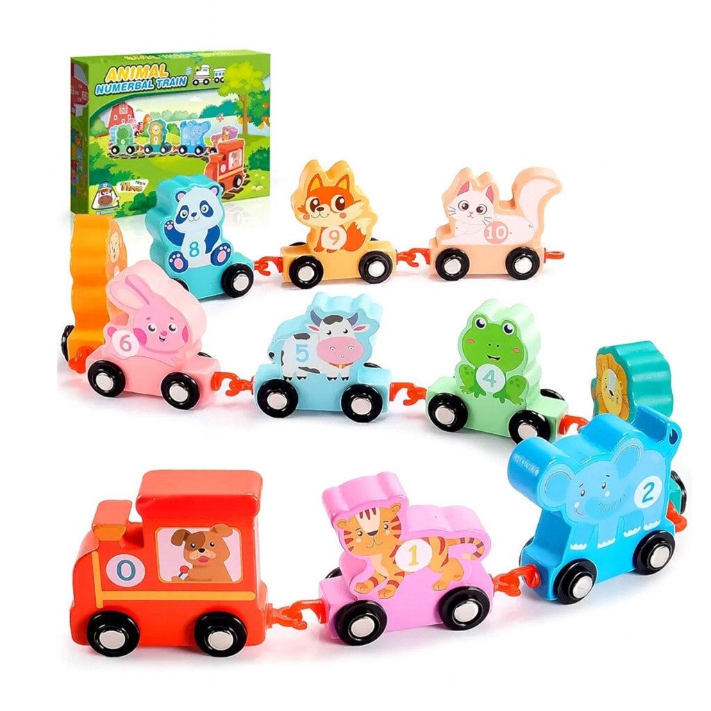 hapikids Lernspielzeug Montessori Holz Tierzug Lernspielzeug mit Zahlen 0–10 für Kinder (Montessori Holz Tierzug Lernspielzeug mit Zahlen 0–10, 11-St., Montessori Holz Tierzug Lernspielzeug 11-teilig inkl. Tasche), Montessori Lernspielzeug Holzspielzeug Kreativspielzeug
