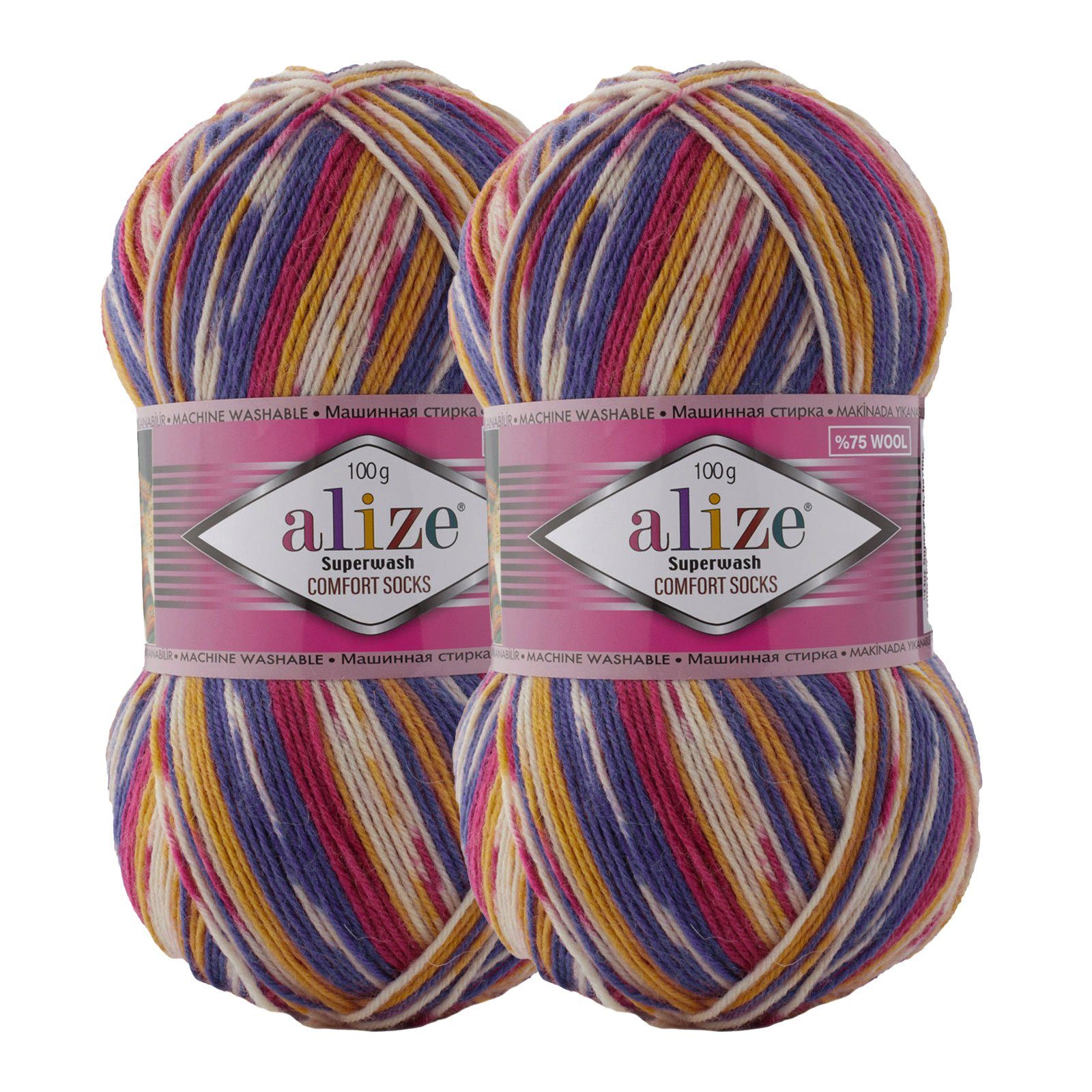 Alize 2 x 100g Sockenwolle Superwash Comfort Häkelwolle, 840 m (2-St), 7655 weiß lila pink